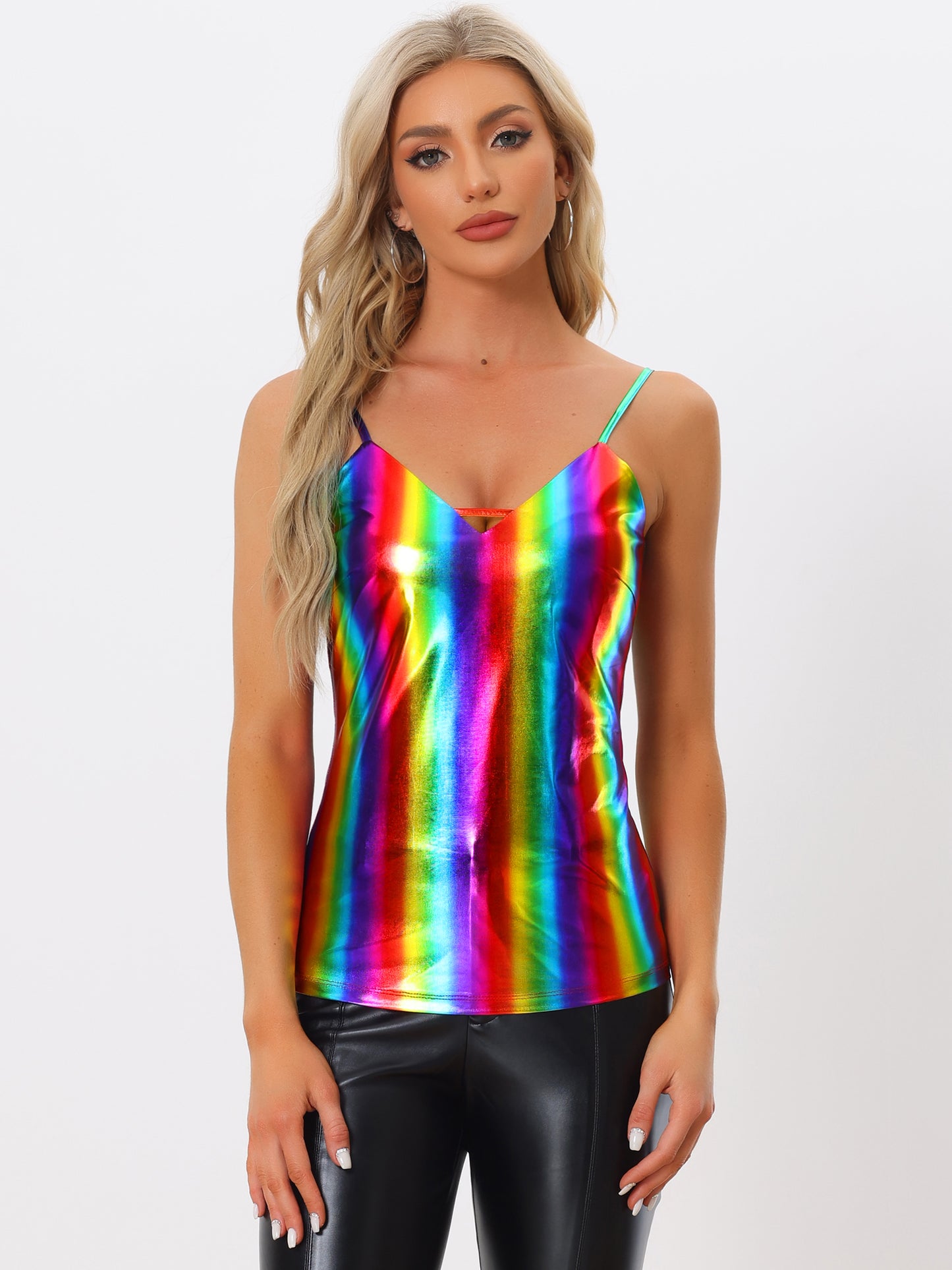 Women's Metallic Shiny Party Tank Top Deep V Camisole Top