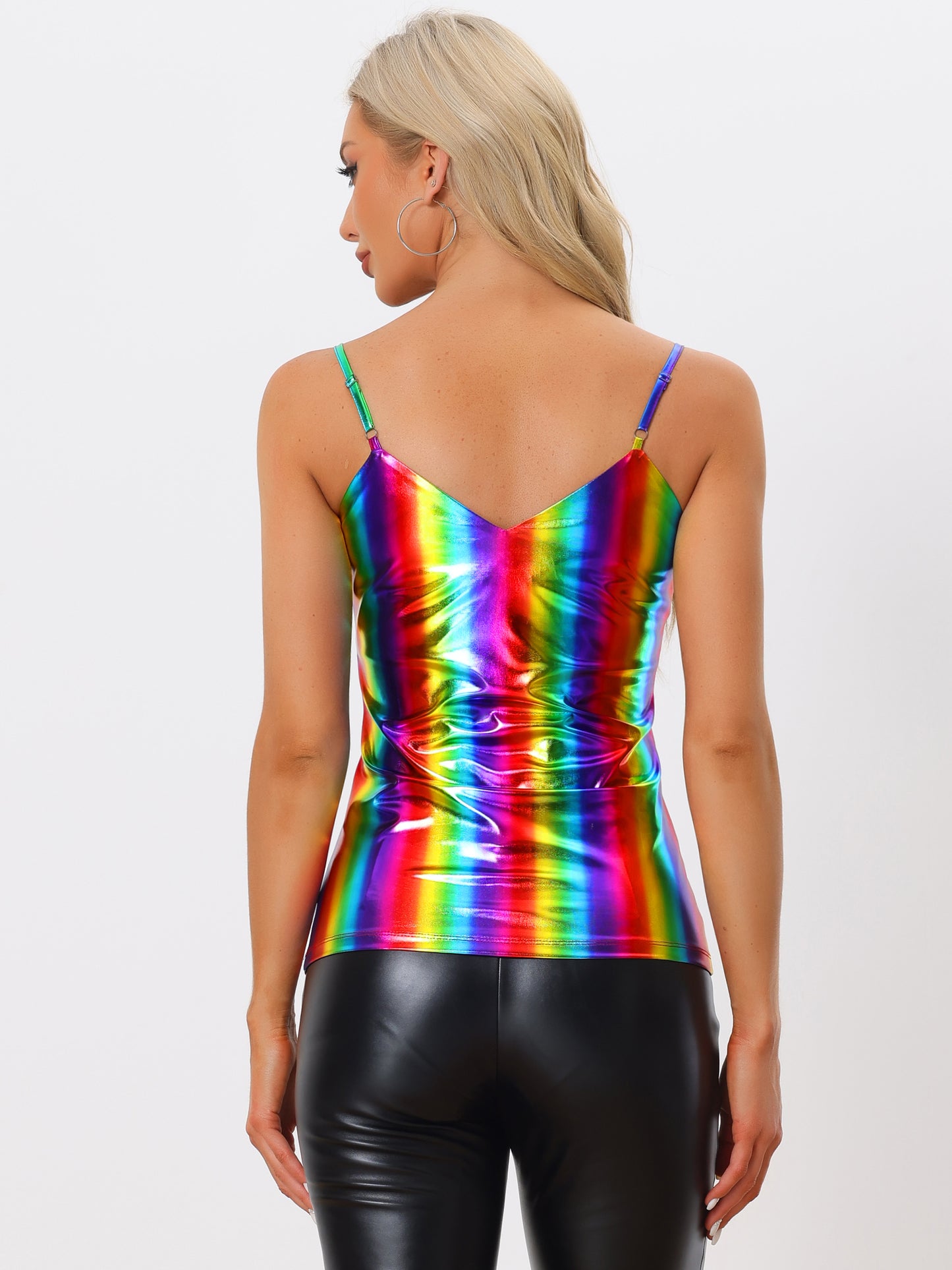 Women's Metallic Shiny Party Tank Top Deep V Camisole Top