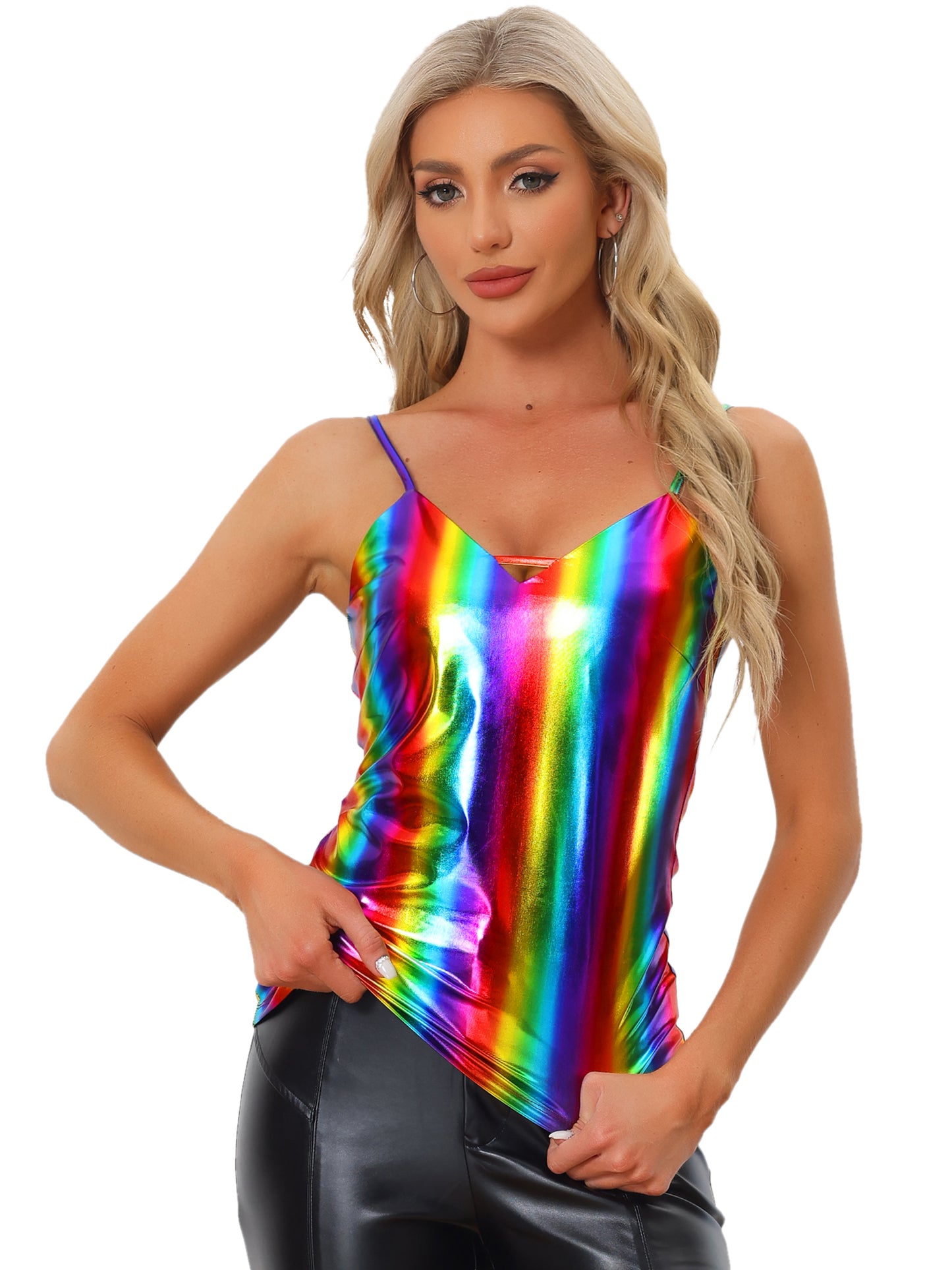 Women's Metallic Shiny Party Tank Top Deep V Camisole Top