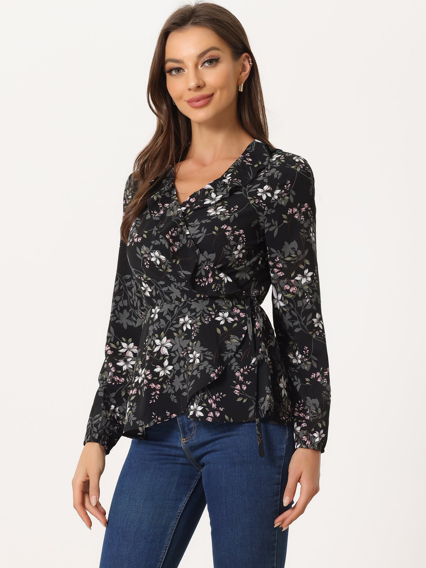 Women's Floral V Neck Wrap Top Long Sleeve Tie Waist Ruffle Peplum Blouse