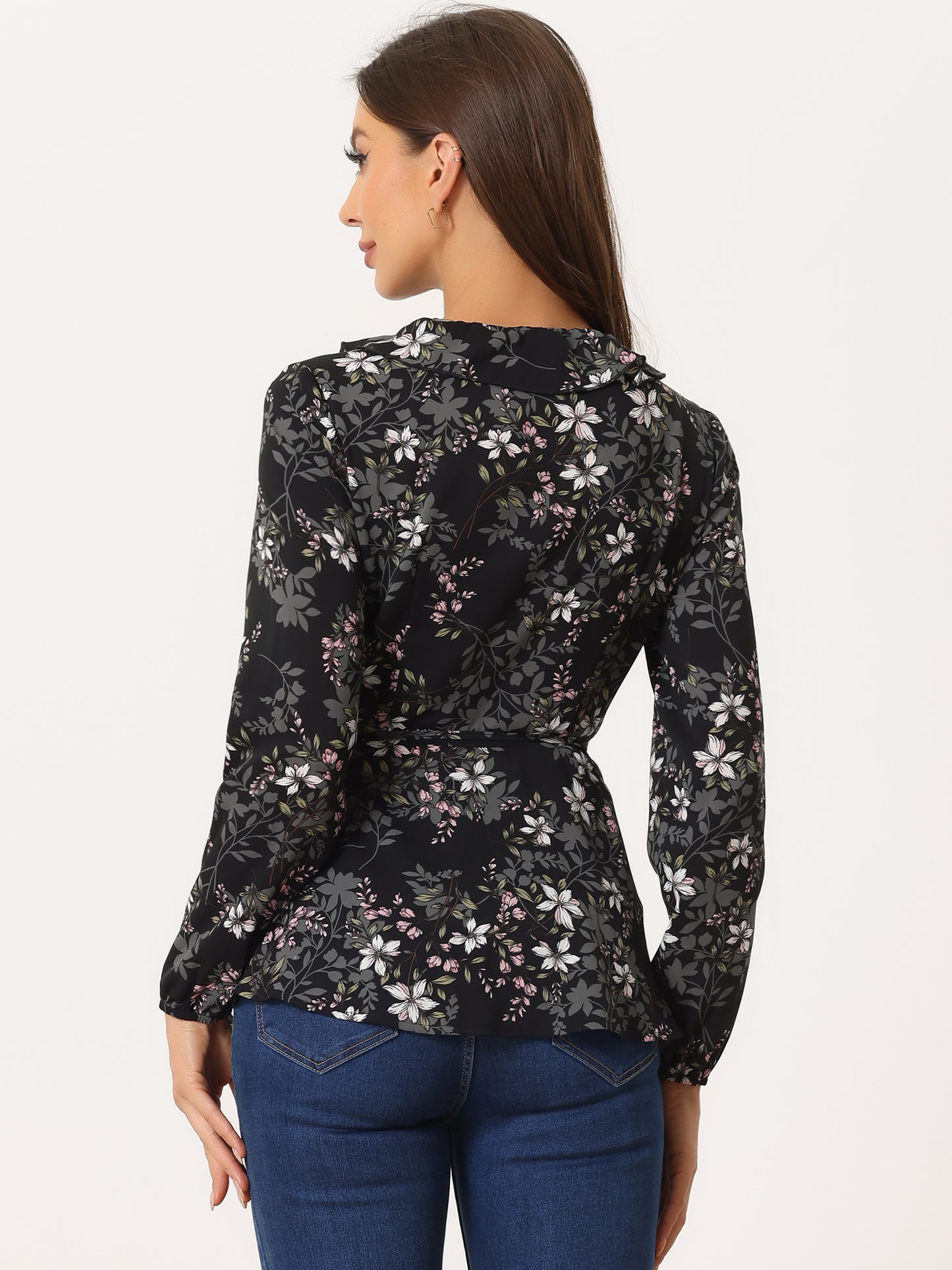 Women's Floral V Neck Wrap Top Long Sleeve Tie Waist Ruffle Peplum Blouse