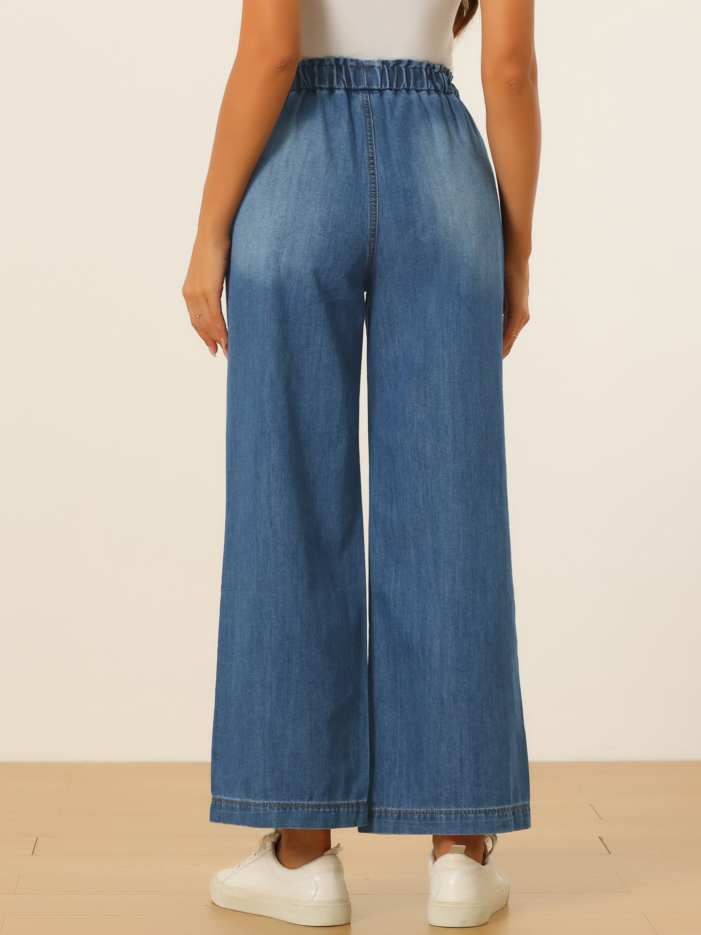 Women's Casual Denim Pants Baggy Drawstring Elastic Waist Wide Legs Jeans