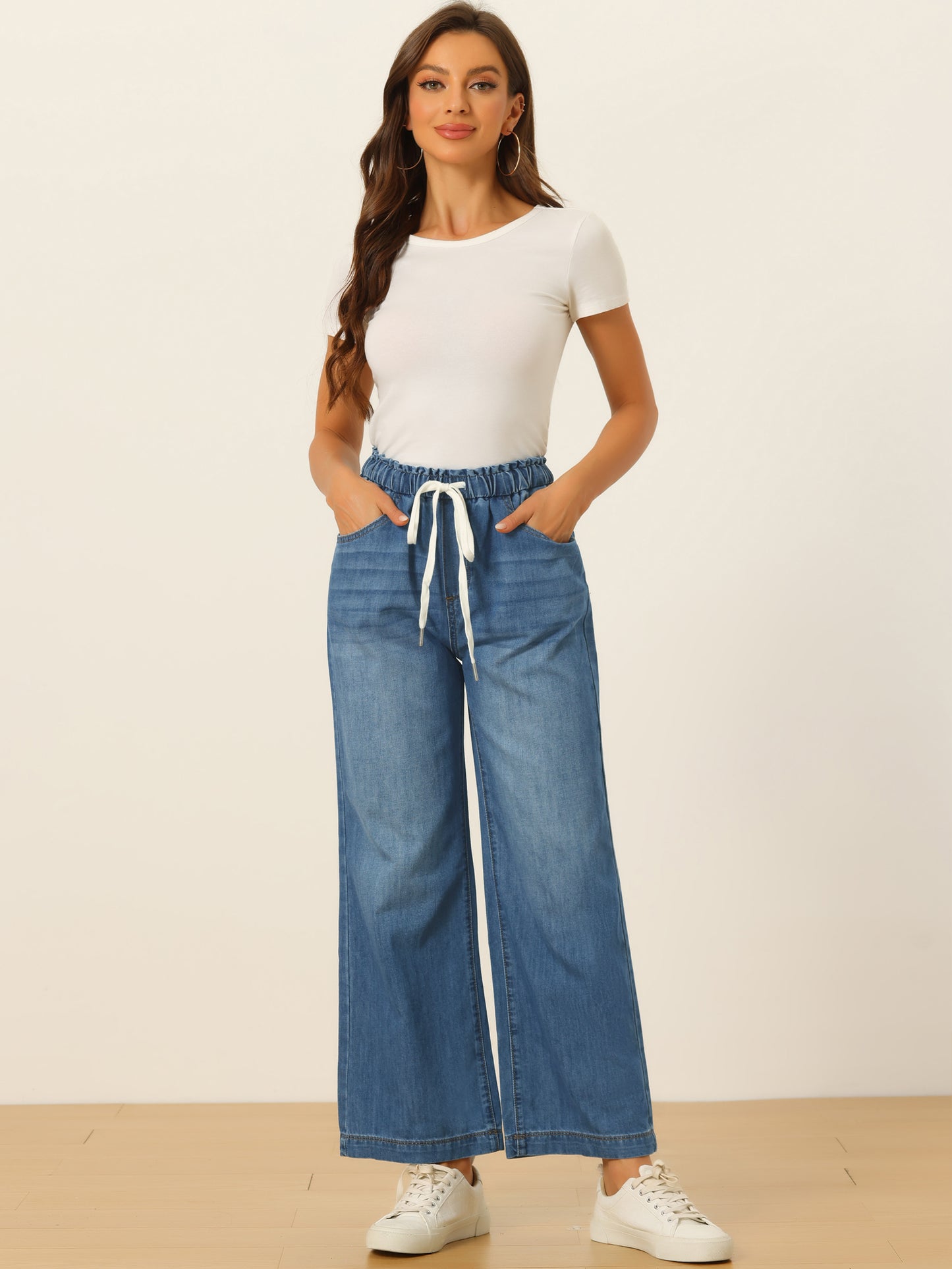 Women's Casual Denim Pants Baggy Drawstring Elastic Waist Wide Legs Jeans