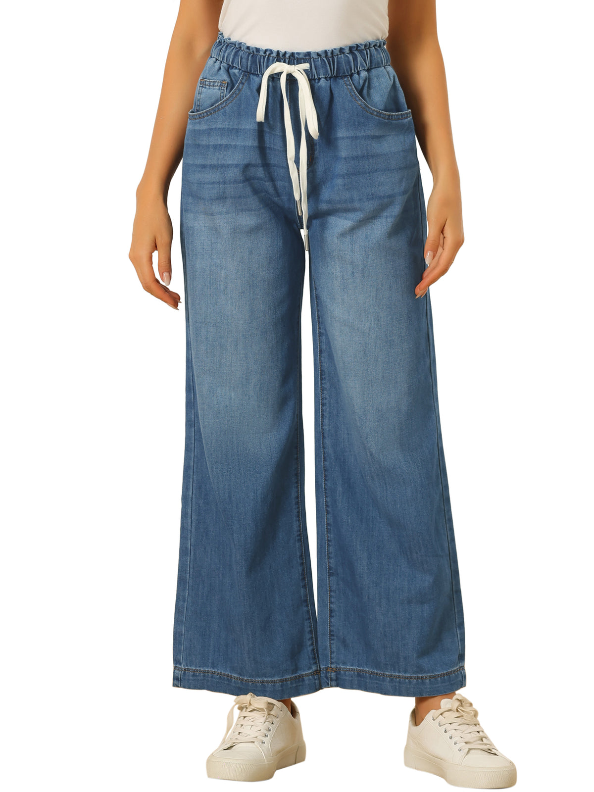 Women's Casual Denim Pants Baggy Drawstring Elastic Waist Wide Legs Jeans