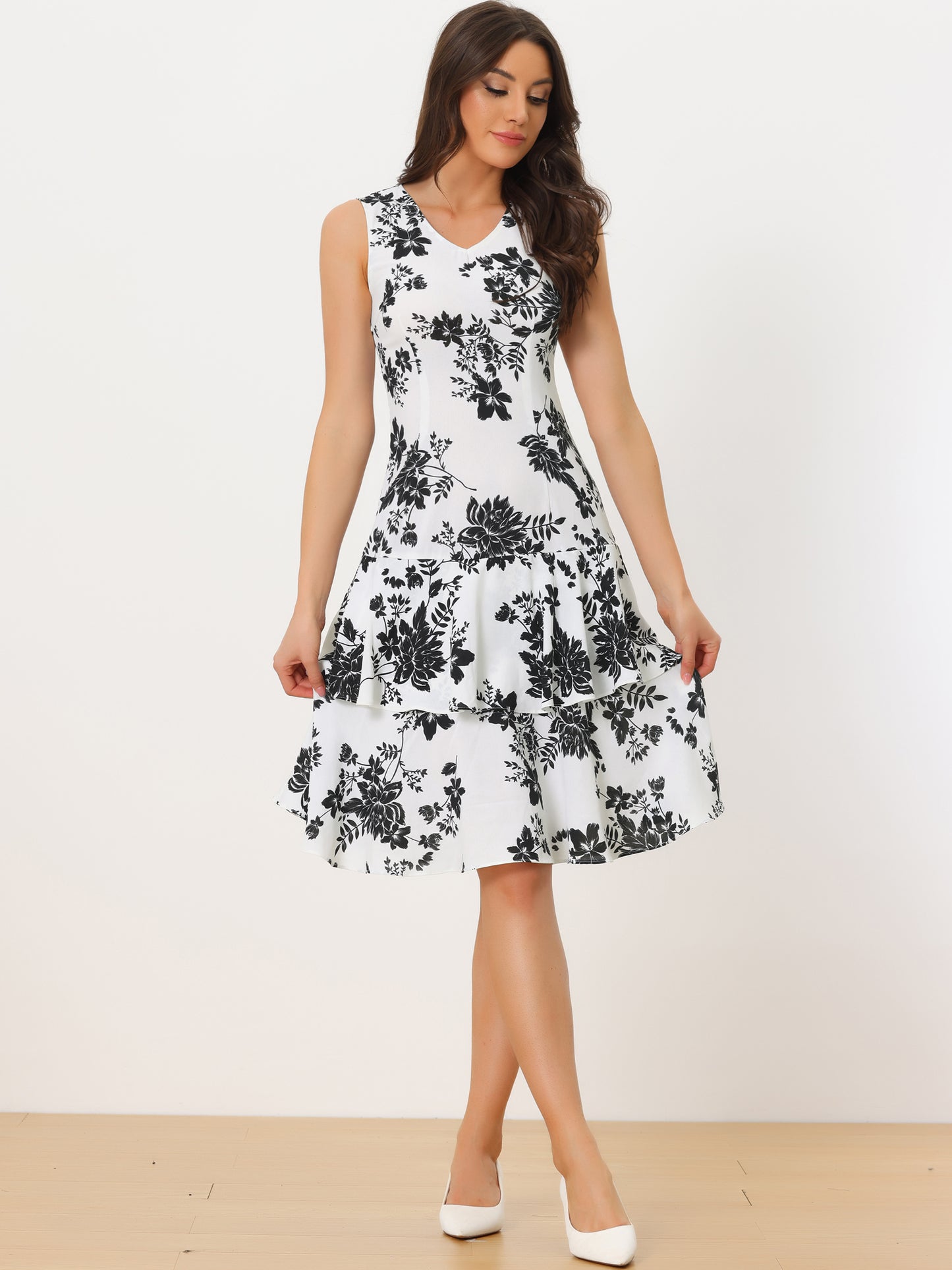 Women's Dress Suit Set Chiffon V Neck Floral Print Dress Contrast Panel Work Blazer