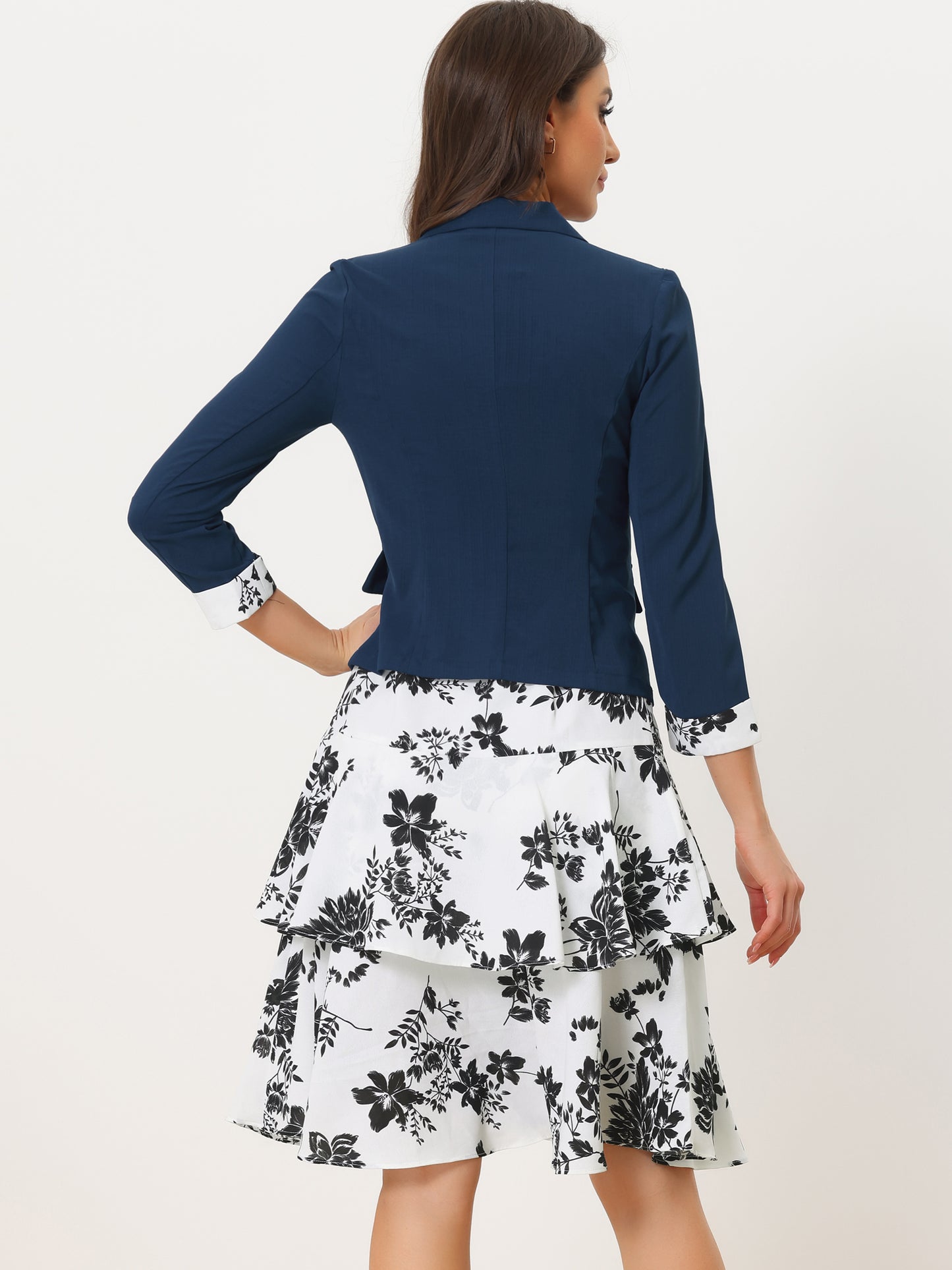 Women's Dress Suit Set Chiffon V Neck Floral Print Dress Contrast Panel Work Blazer