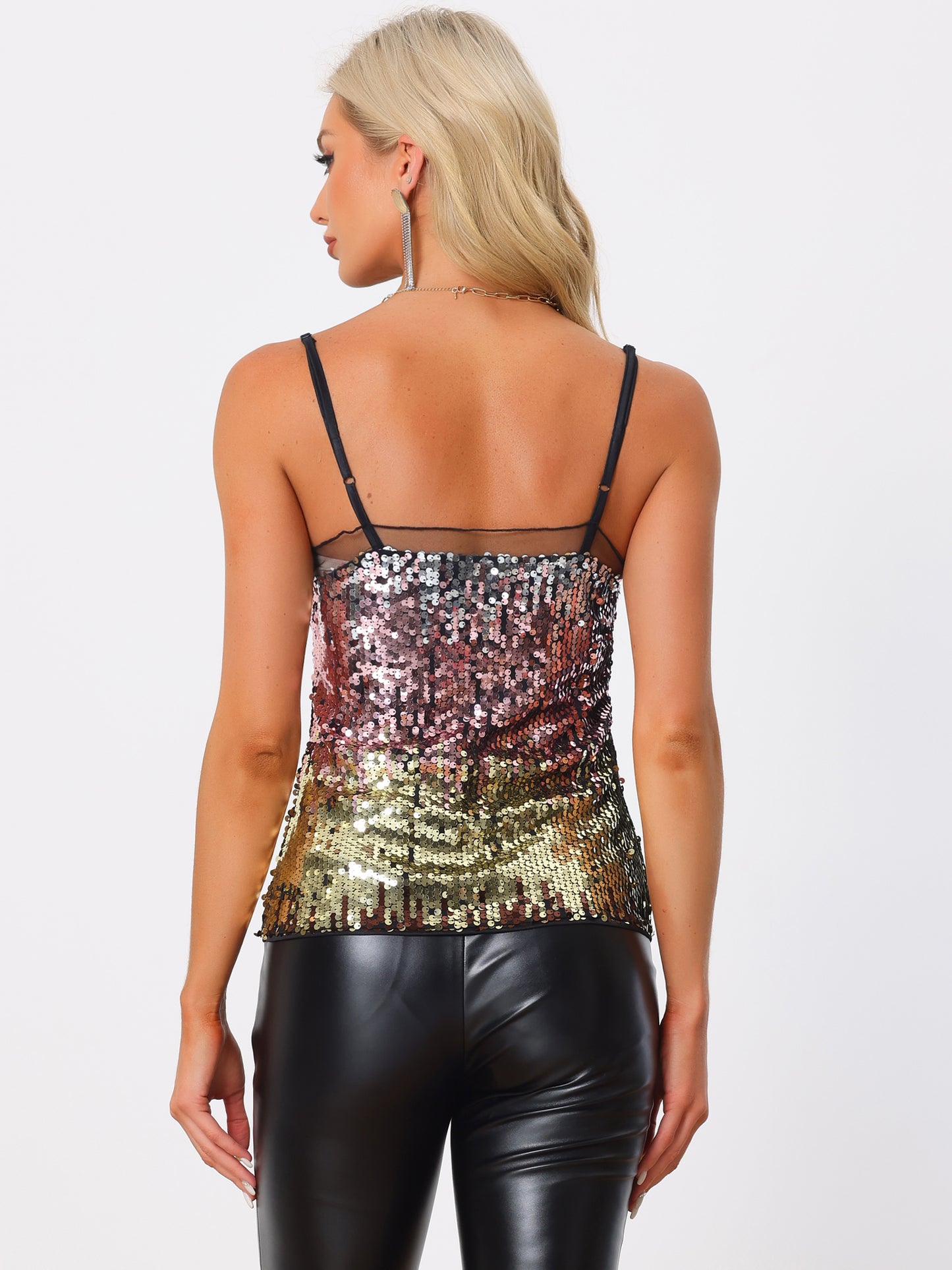Women's Sequin Blouse Mesh Panel Sleeveless Party Clue Cami Top