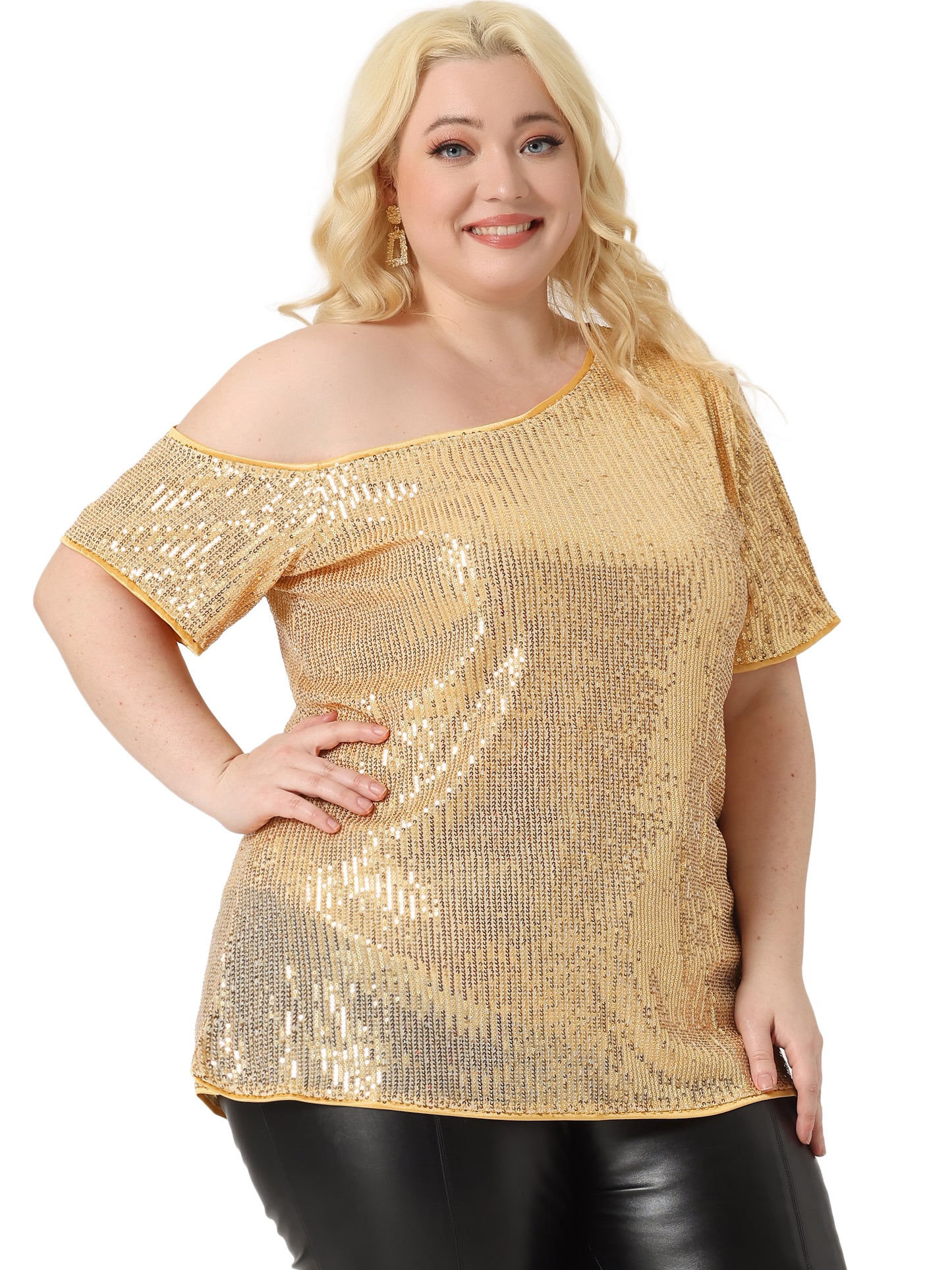Women Plus Size Top One Shoulder Short Sleeve Metallic Blouses Party Sequin Top