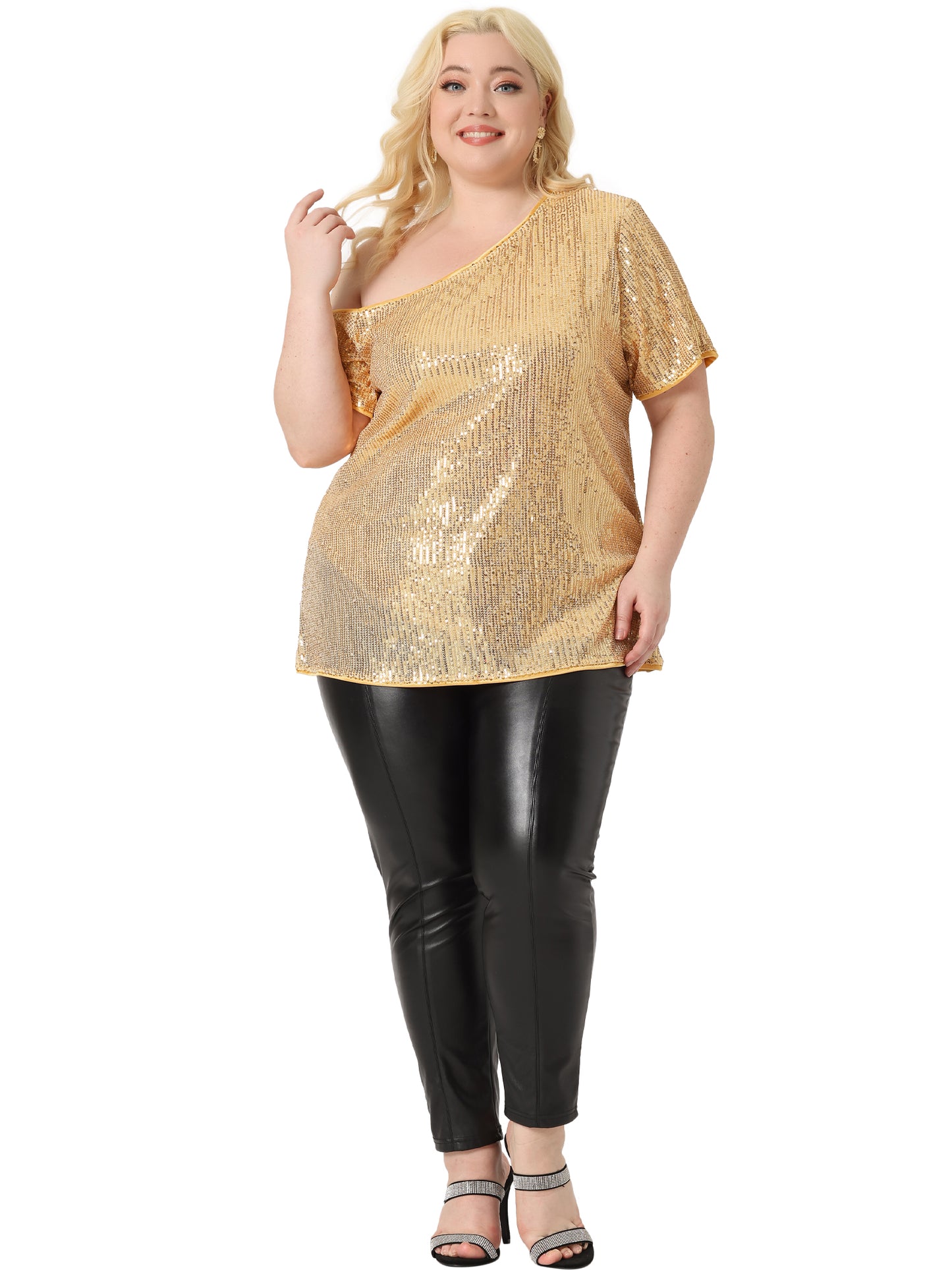 Women Plus Size Top One Shoulder Short Sleeve Metallic Blouses Party Sequin Top