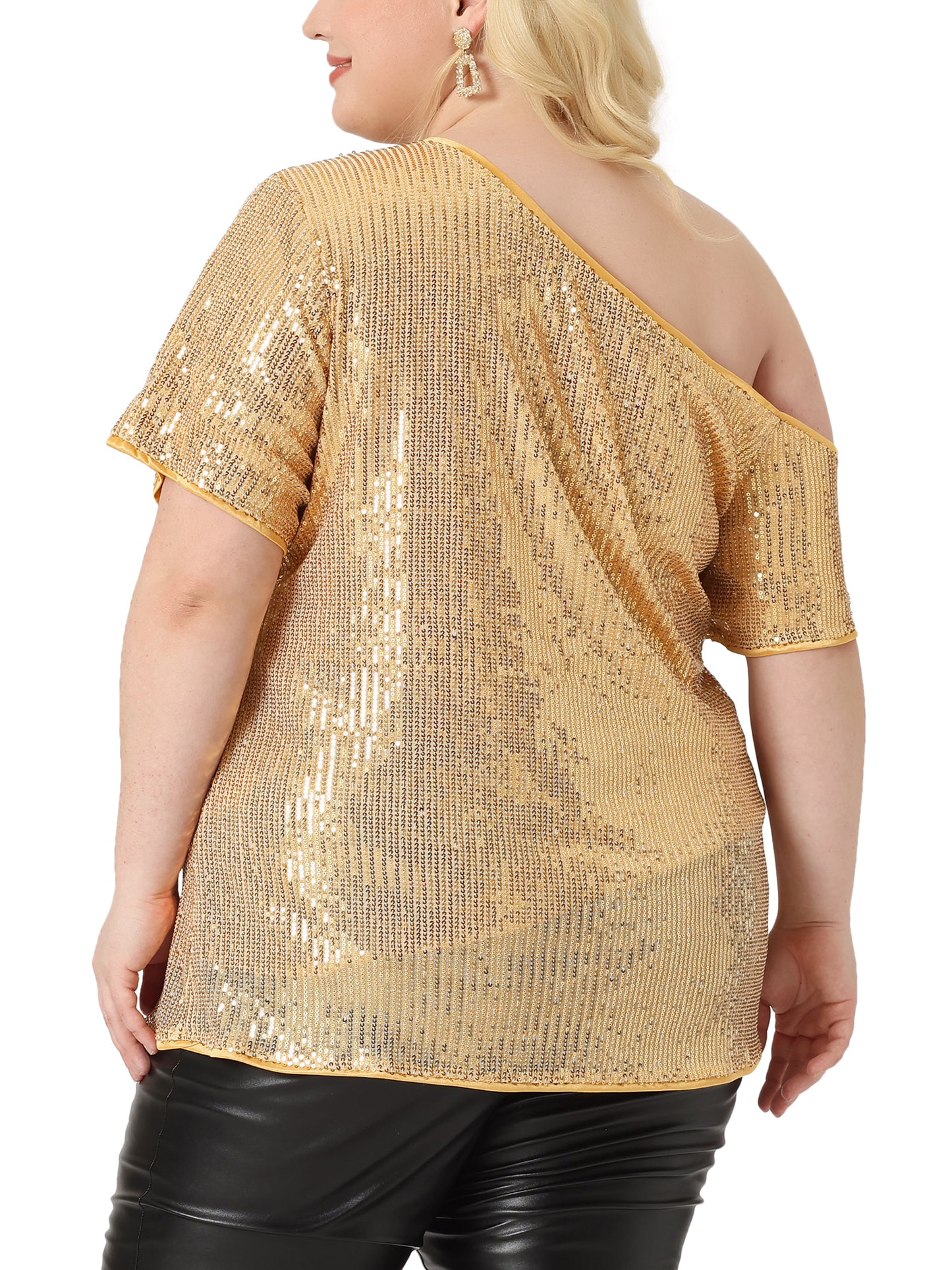 Women Plus Size Top One Shoulder Short Sleeve Metallic Blouses Party Sequin Top