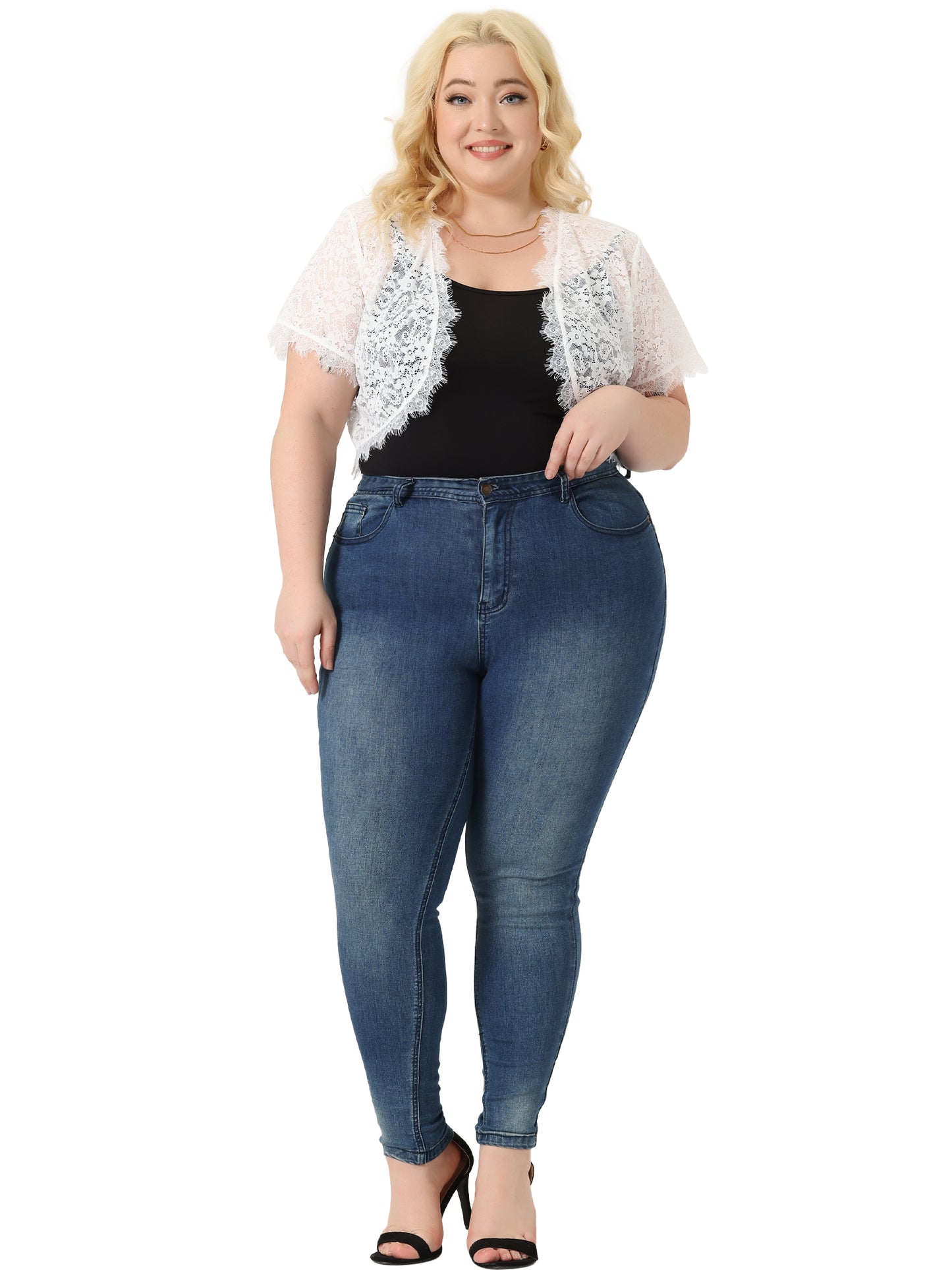 Women's Plus Size Elegant Short Sleeve Sheer Floral Lace Bolero Shrug Top