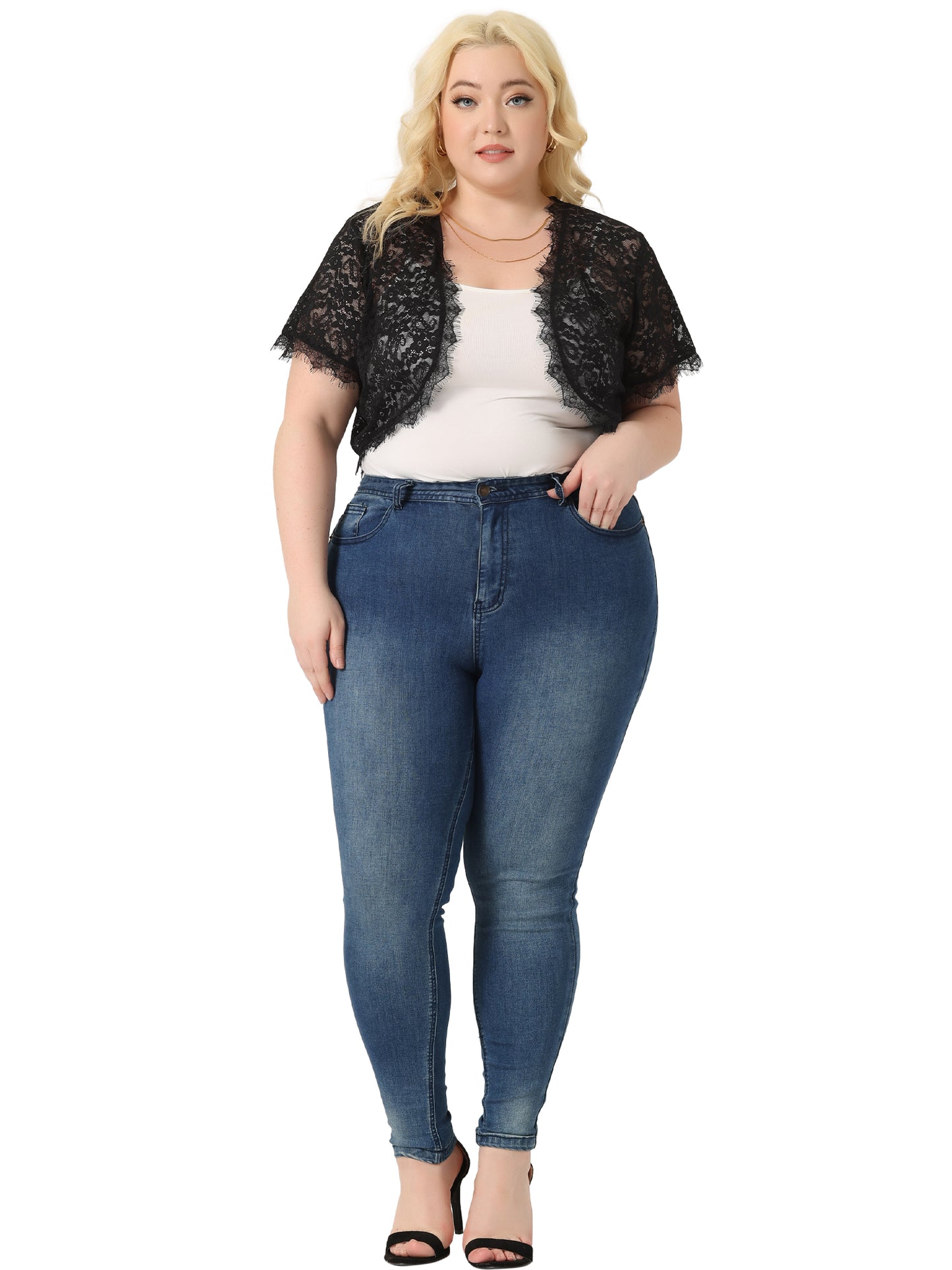 Women's Plus Size Elegant Short Sleeve Sheer Floral Lace Bolero Shrug Top