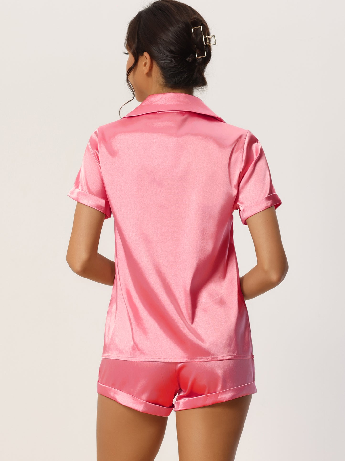 Women's Satin Pajama Set Button Short Sleeve Shirt and Shorts Loungwear Sleepwear