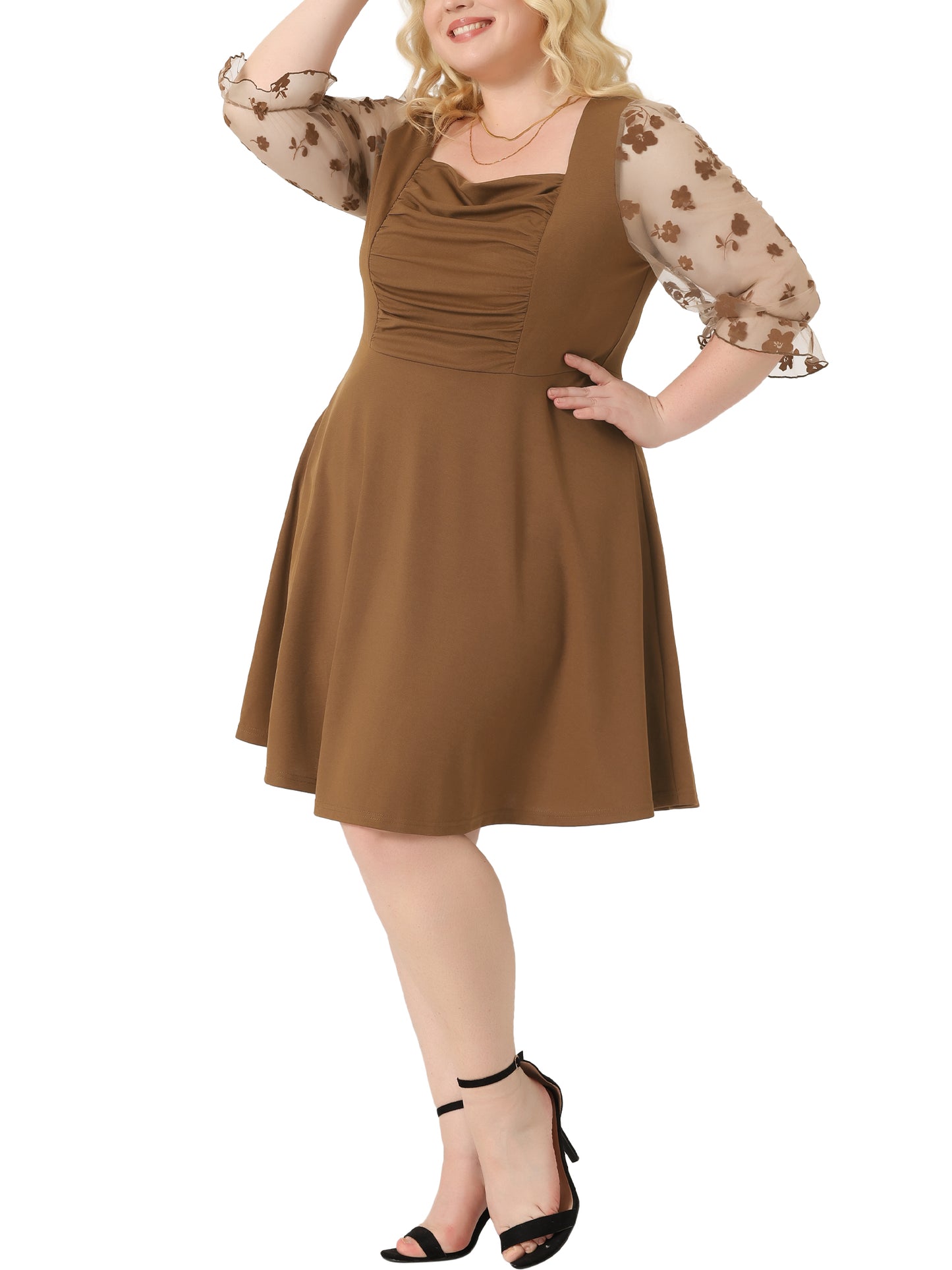 Women Plus Size Dresses Square Neck Floral Mesh Long Sleeves Evening Party Dress