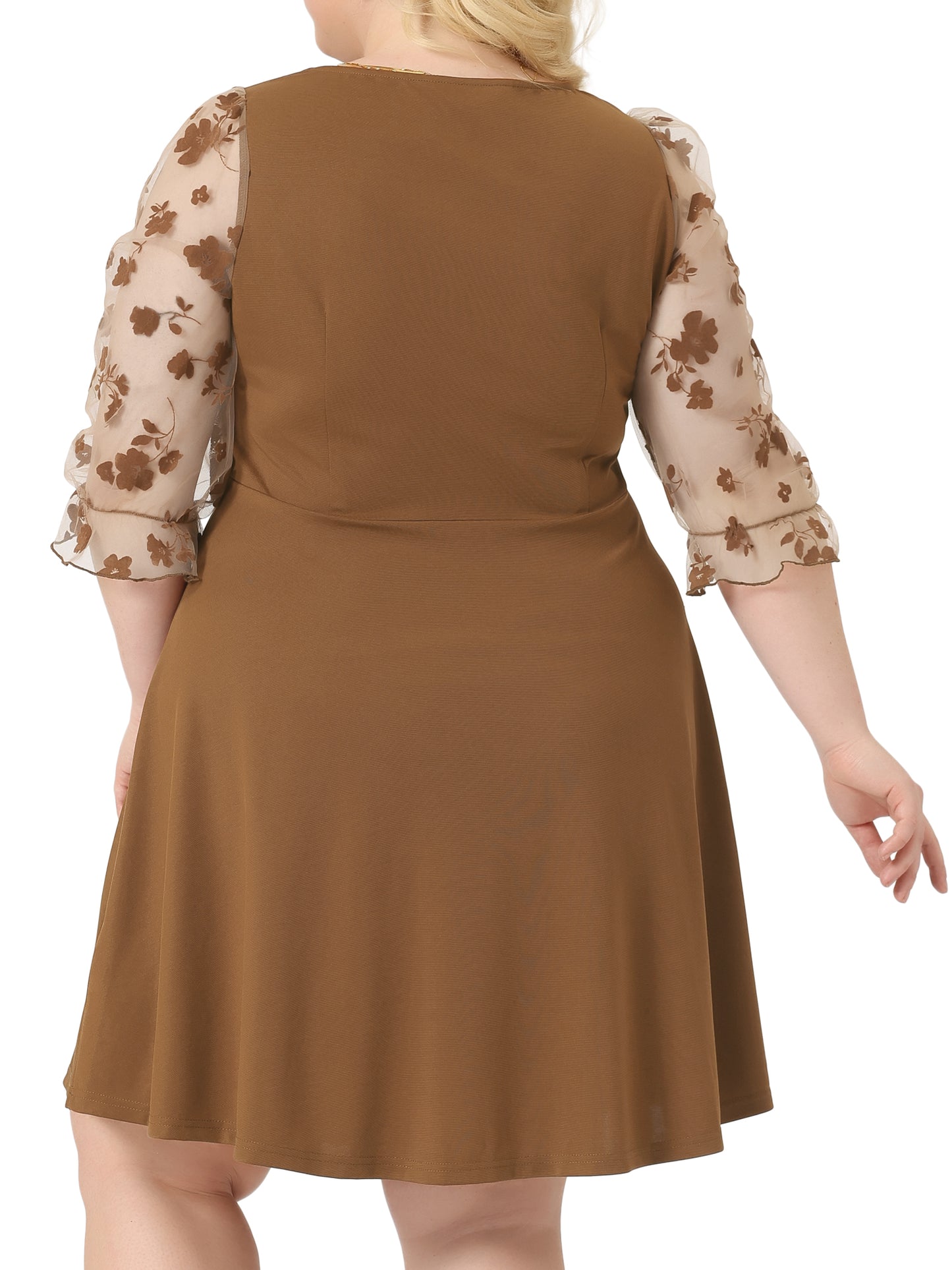 Women Plus Size Dresses Square Neck Floral Mesh Long Sleeves Evening Party Dress