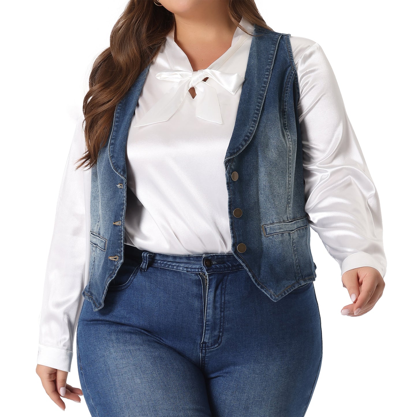 Women Plus Size Denim Vest Button Down Jean Waistcoat Sleeveless Jacket
