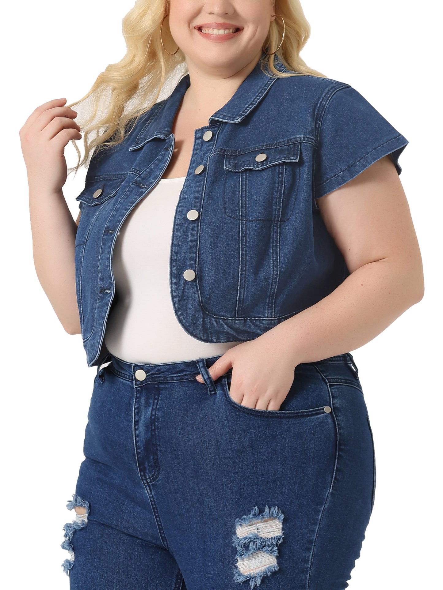 Women Plus Size Short Sleeve Denim Jackets Y2K Button Down Tops Streetwear Cropped Jean Jacket