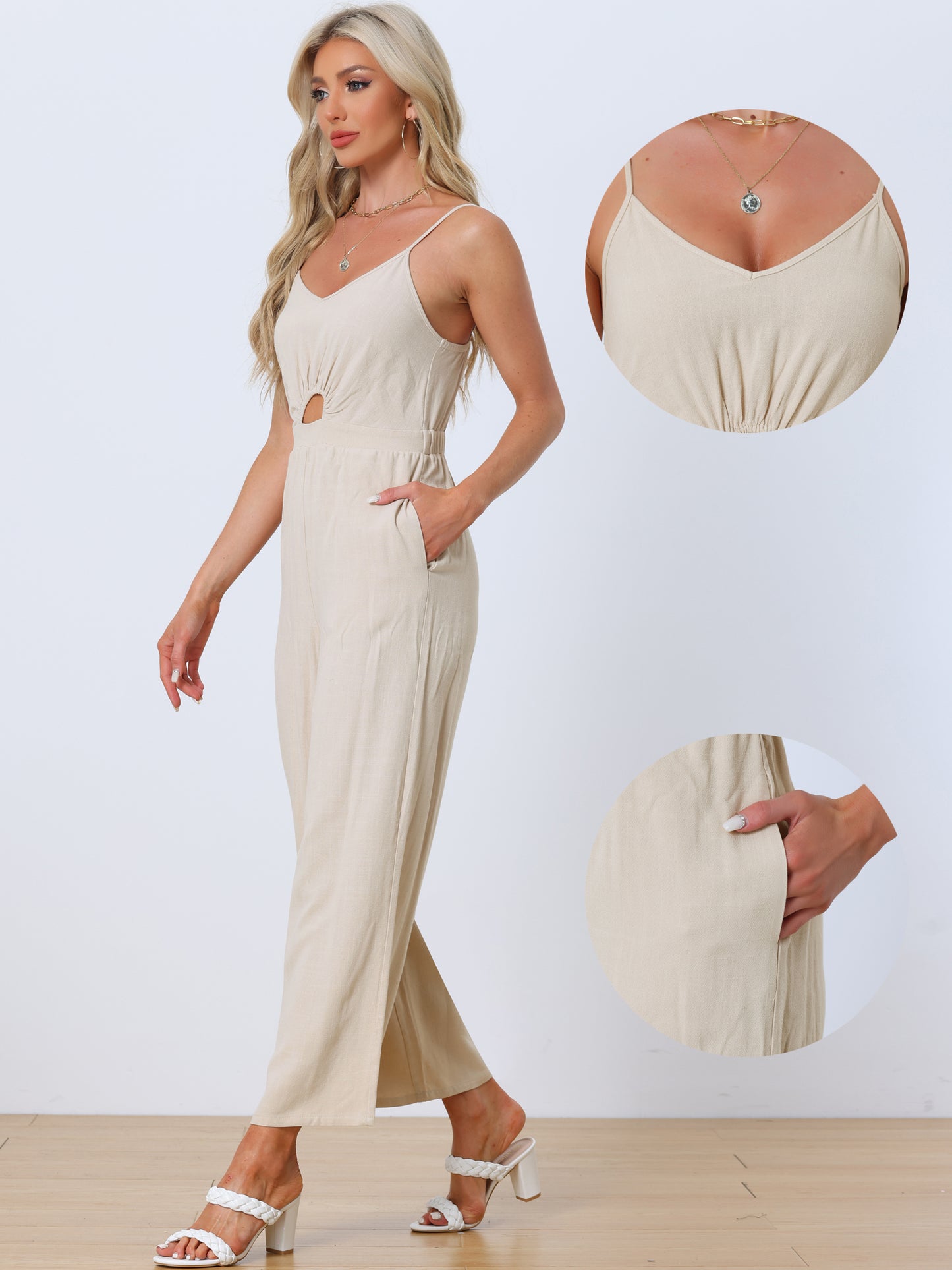 Women's Summer Jumpsuits Casual Spaghetti Strap Cut Out Wide Leg Jumpsuit with Pockets