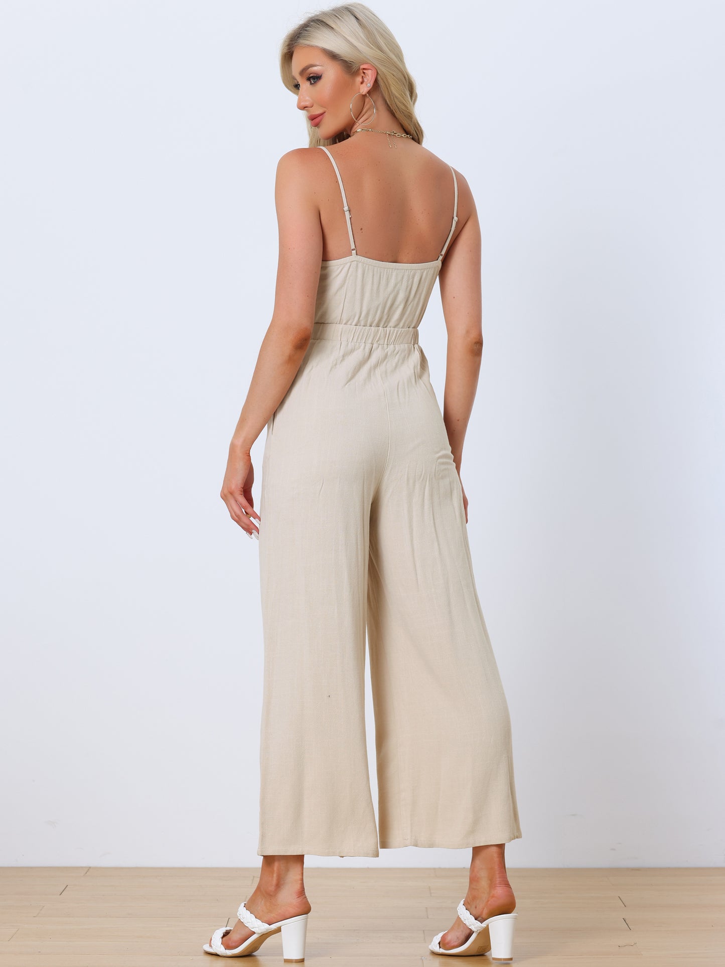 Women's Summer Jumpsuits Casual Spaghetti Strap Cut Out Wide Leg Jumpsuit with Pockets