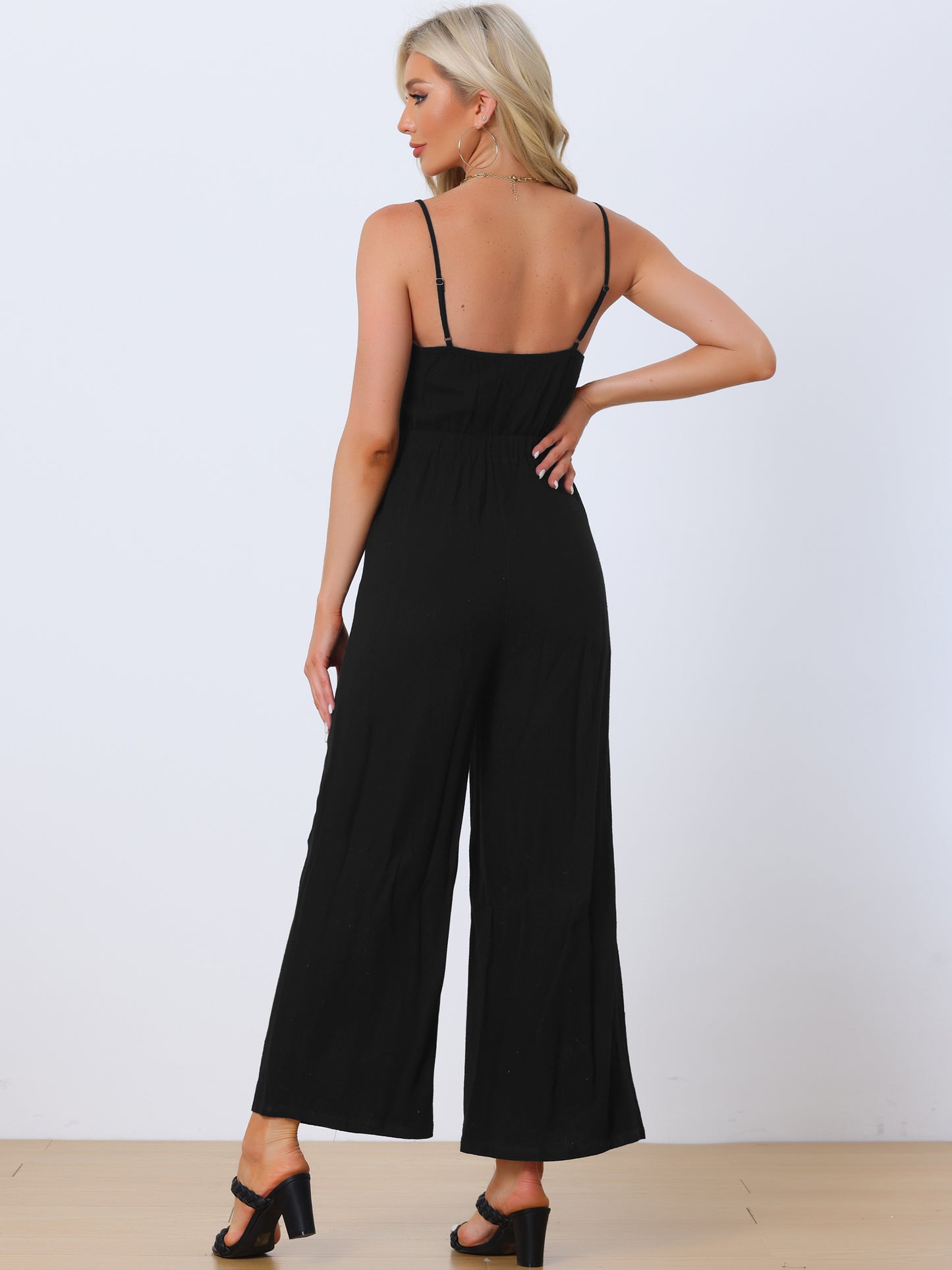 Women's Summer Jumpsuits Casual Spaghetti Strap Cut Out Wide Leg Jumpsuit with Pockets