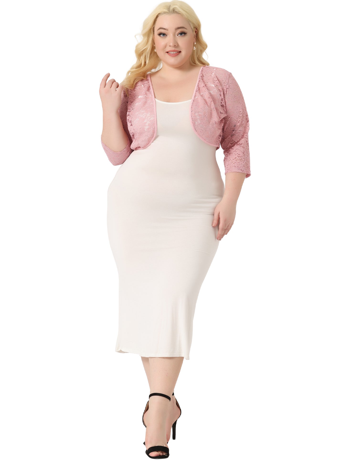 Women Plus Size Floral Lace Shrug Elegant 3/4 Sleeve Lightweight Sheer Bolero Cardigan