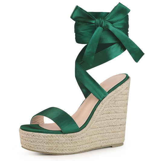 Women Platform Bow Ankle Tie Espadrilles Satin Lace Up Wedge Sandals