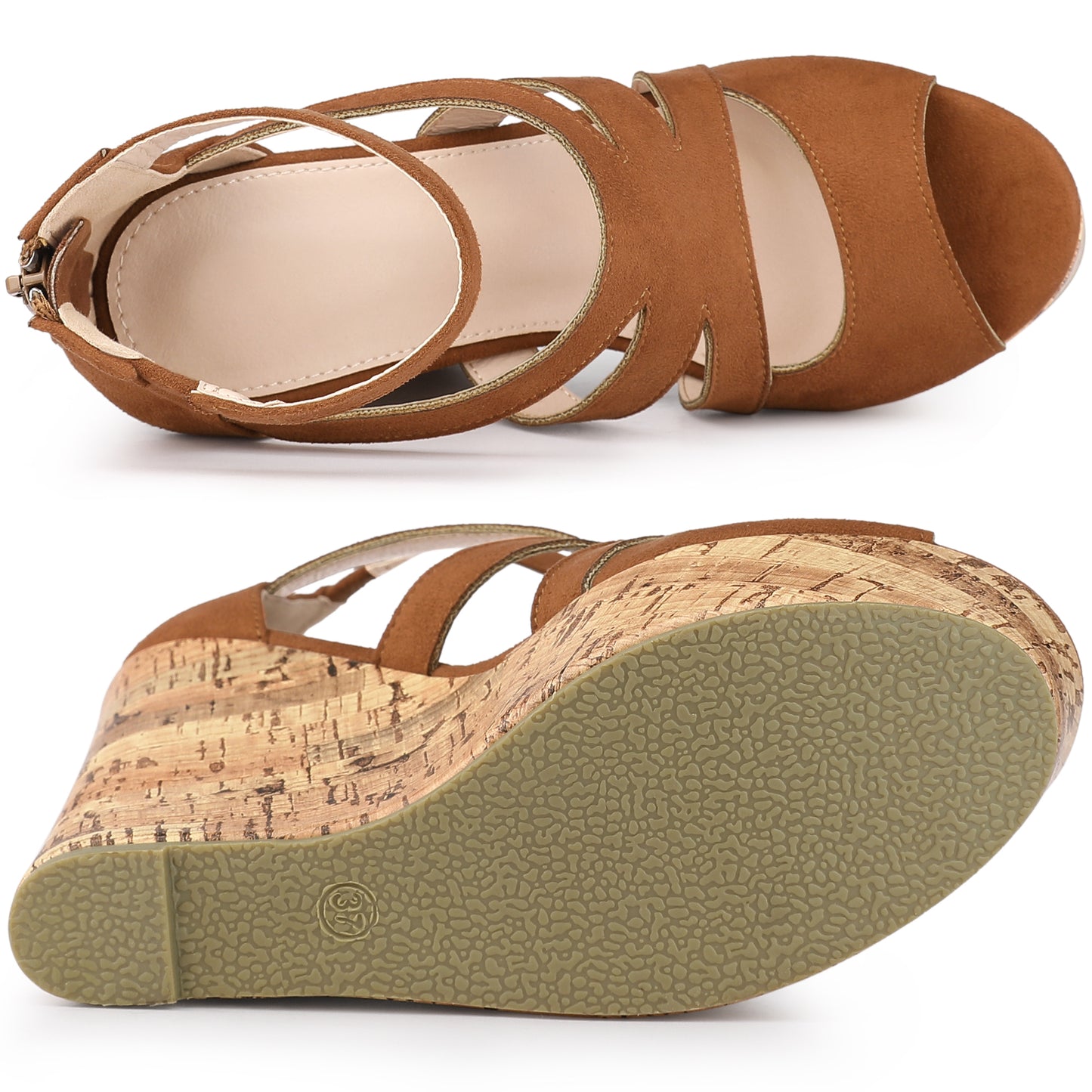 Sandalias de plataforma con punta abierta y tacón de cuña de corcho enrejado para mujer