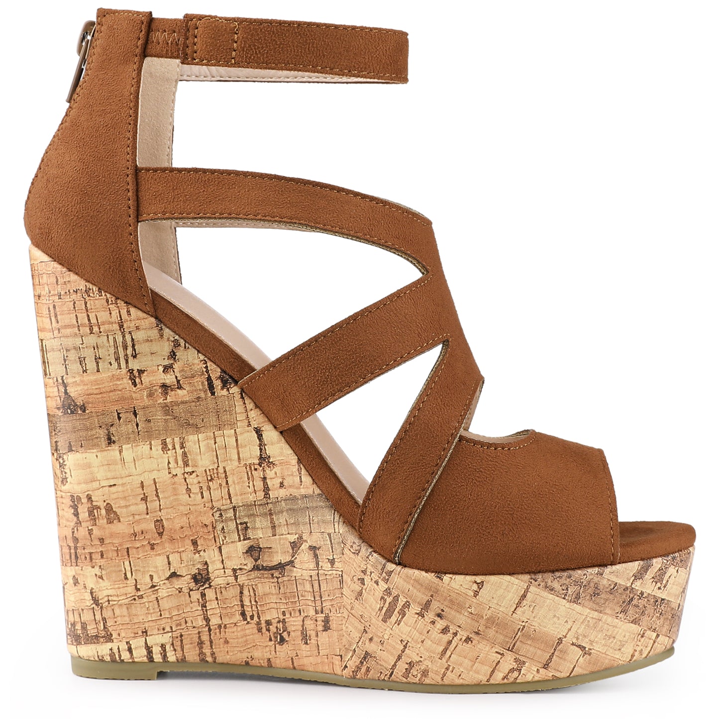 Sandalias de plataforma con punta abierta y tacón de cuña de corcho enrejado para mujer