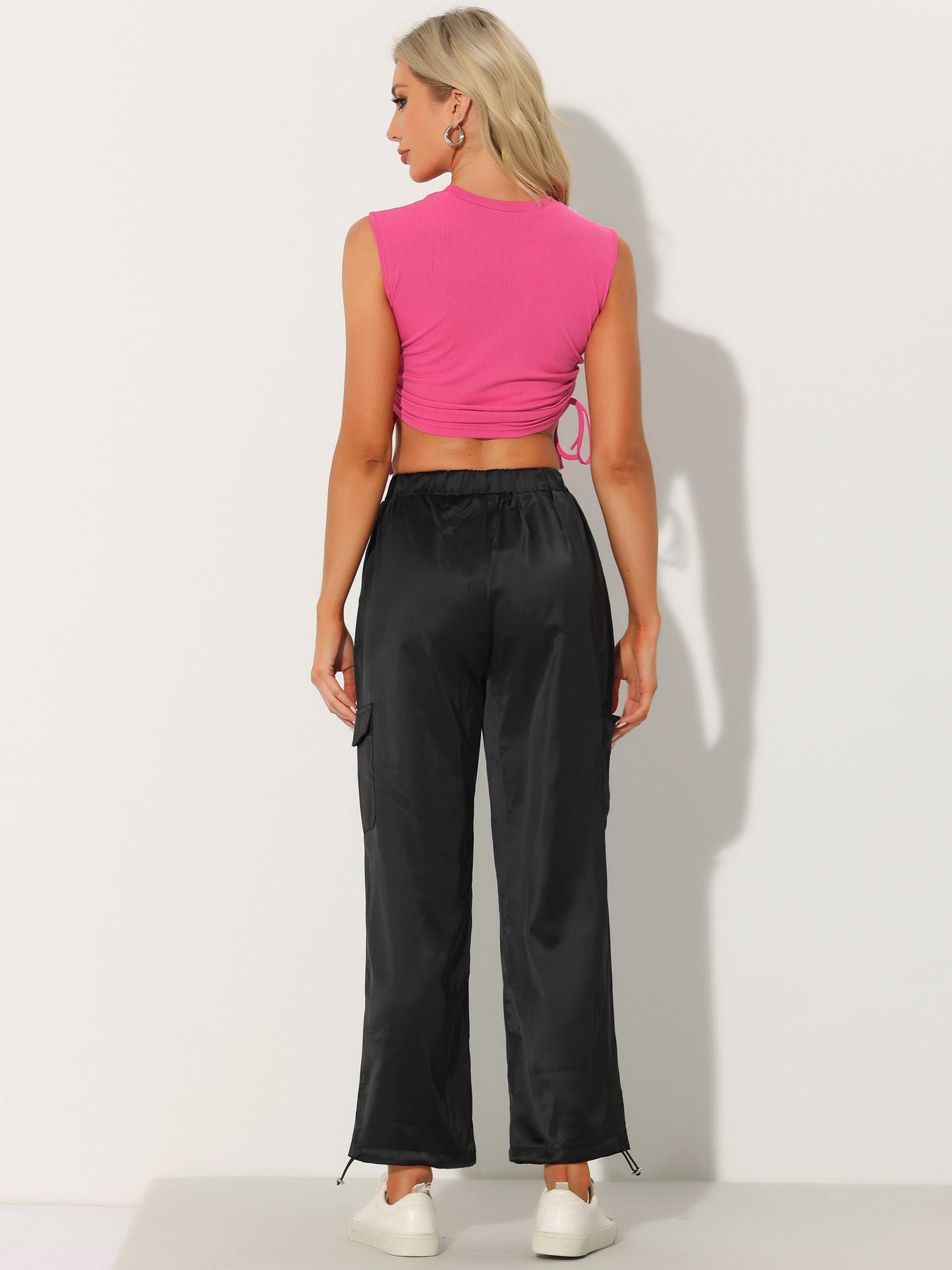 Women's 2 Pieces Drawstring Sleeveless Top Satin Cargo Pants Sweatsuits