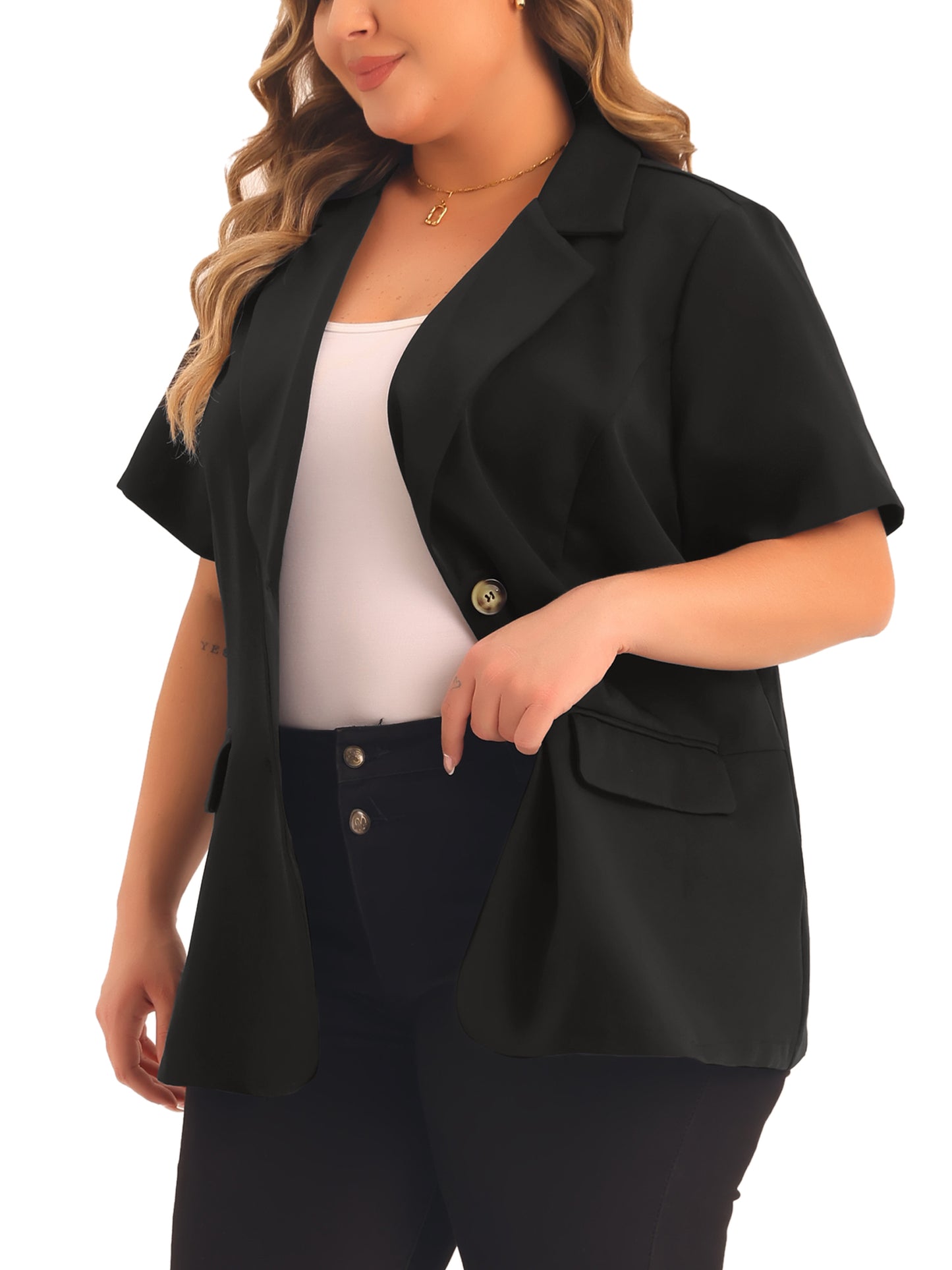 Women Plus Size Casual Blazers Short Sleeve Notched Lapel Button Work Office Blazer Suit Jacket