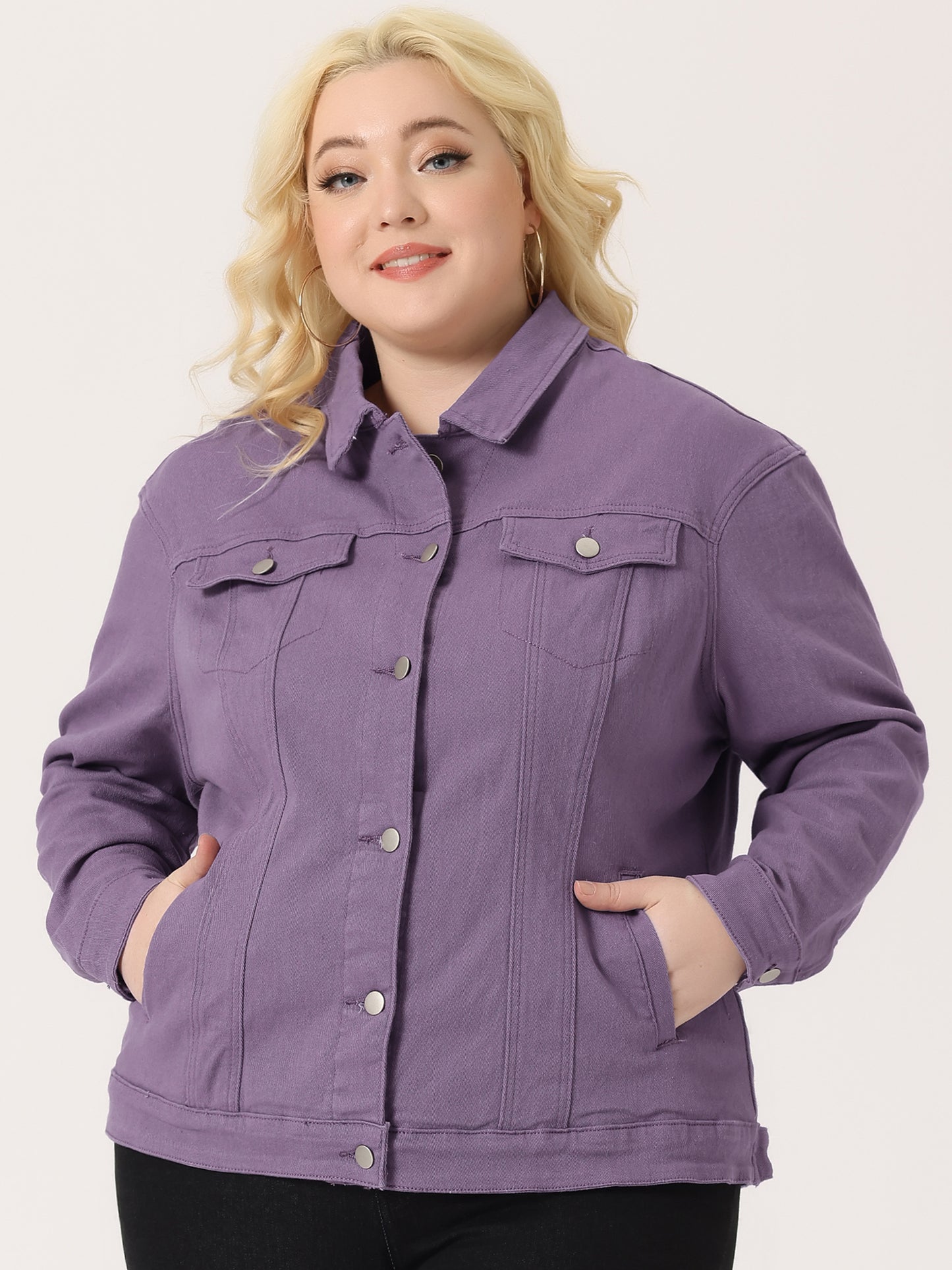 Women's Plus Size Jean Jacket Stitching Button Front Washed Denim Jacket