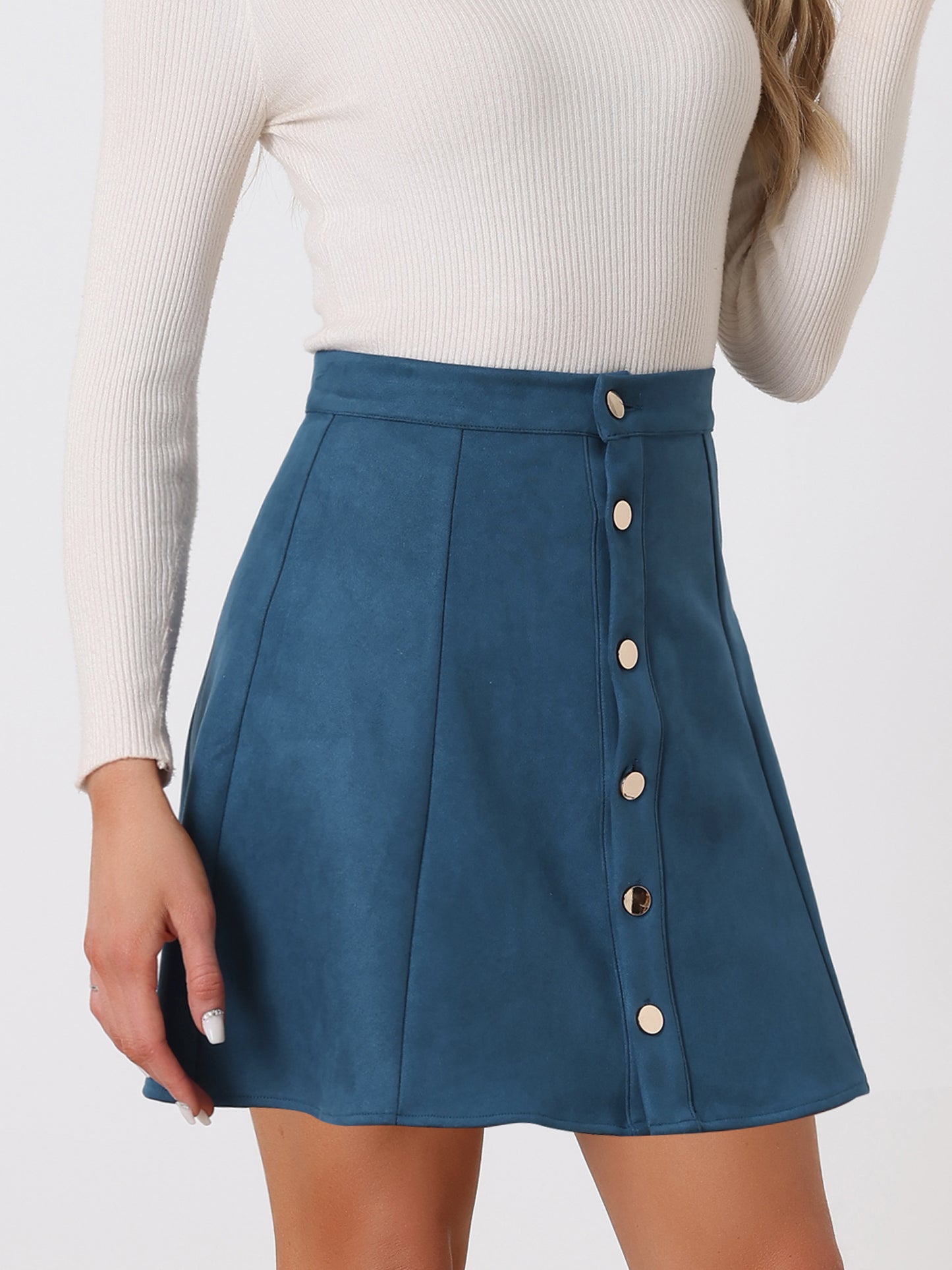 Women's Faux Suede Button A-Line High Waisted Flared Mini Short Skirt