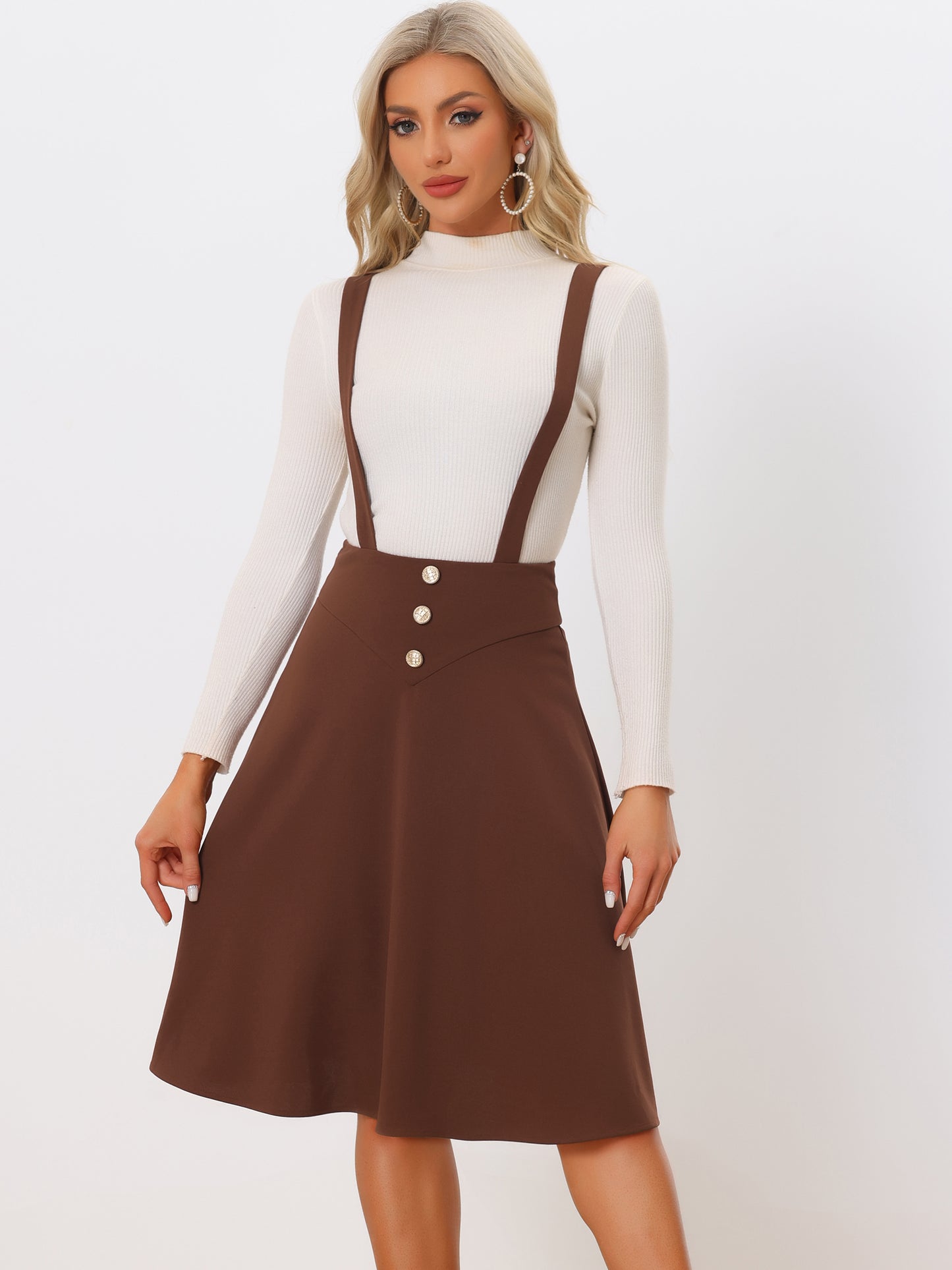 Falda midi retro con tirantes y botones, cintura alta, acampanada, para mujer
