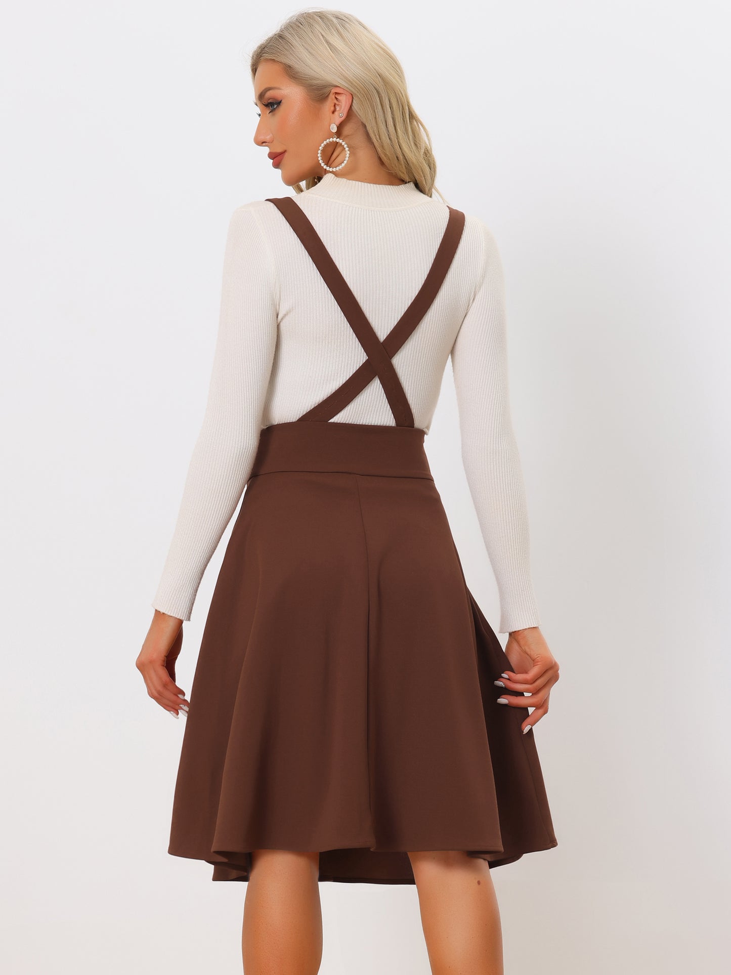 Falda midi retro con tirantes y botones, cintura alta, acampanada, para mujer