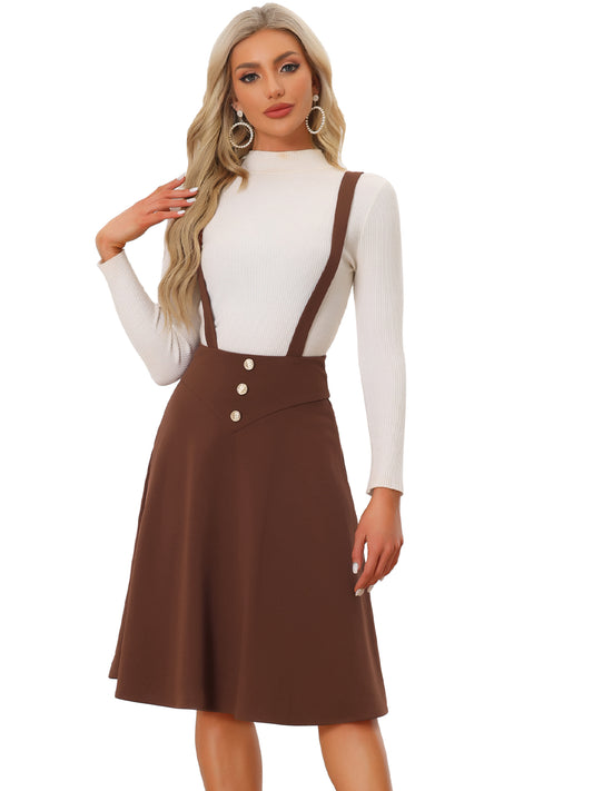 Women's Retro Midi Suspender Skirt Button Decor High Waist Flared Overall Dress