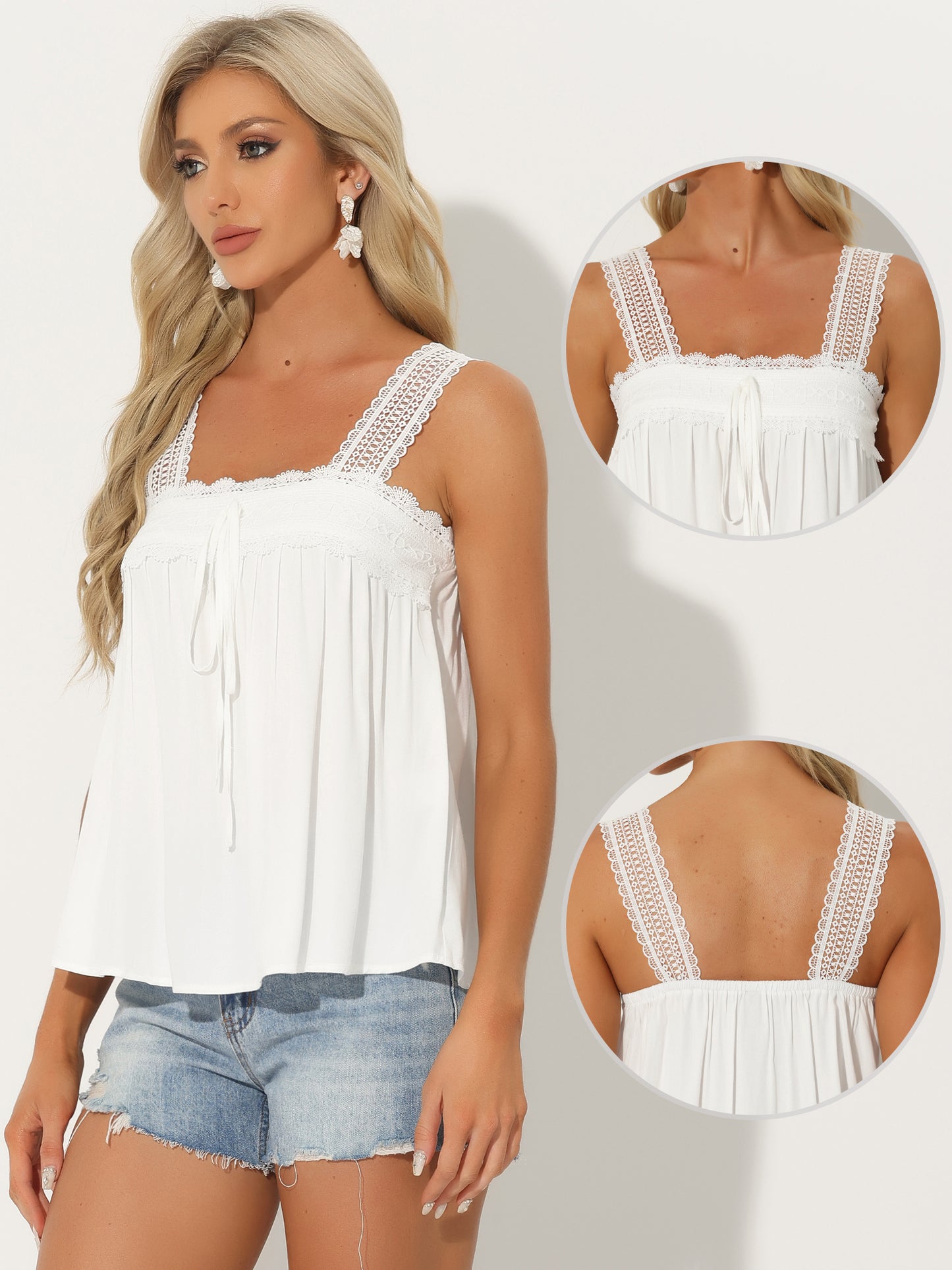 Women's Casual Sleeveless Top Square Neck Panel Lace Ruffles Tank Top