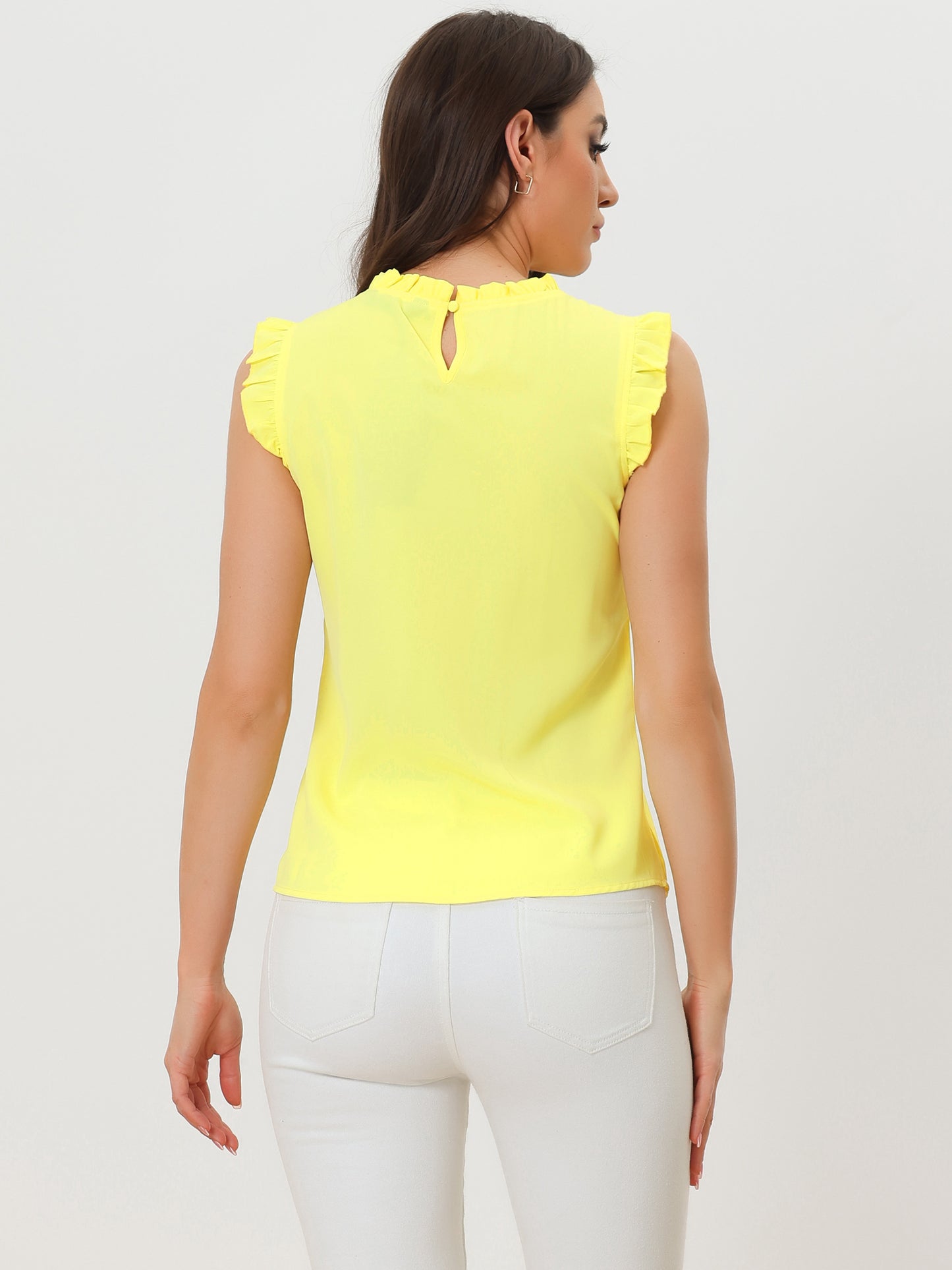Blusa informal de negocios sin mangas con volantes para mujer