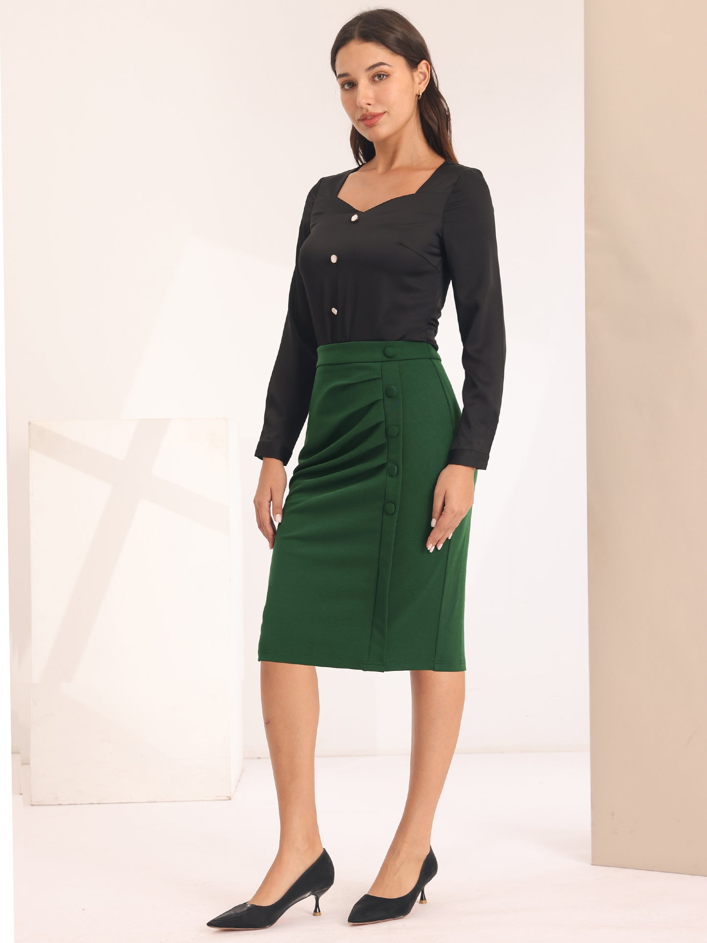Women's Wear to Work Pencil Skirt Elastic High Waist Ruched Bodycon Midi Skirts