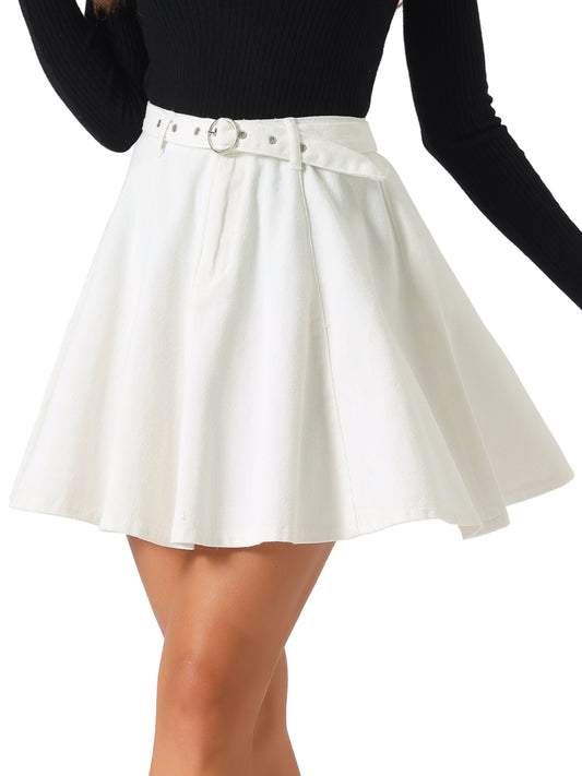 Women's Casual Denim Skirt High Waist A-Line Flared Mini Jean Skirts with Belt