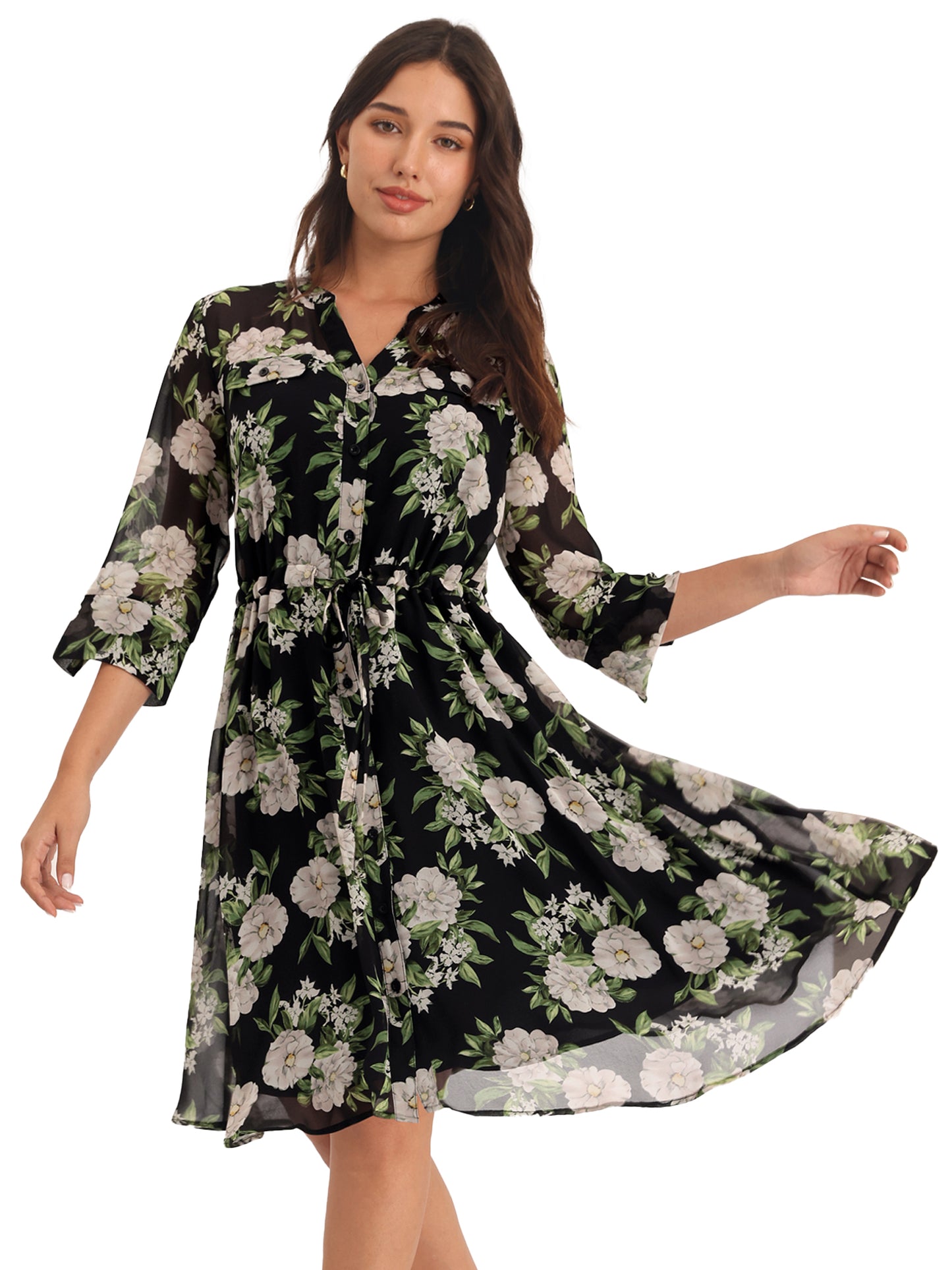 Women's Floral A-Line Dress 3/4 Sleeve Chiffon Button Up Midi Flare Dresses