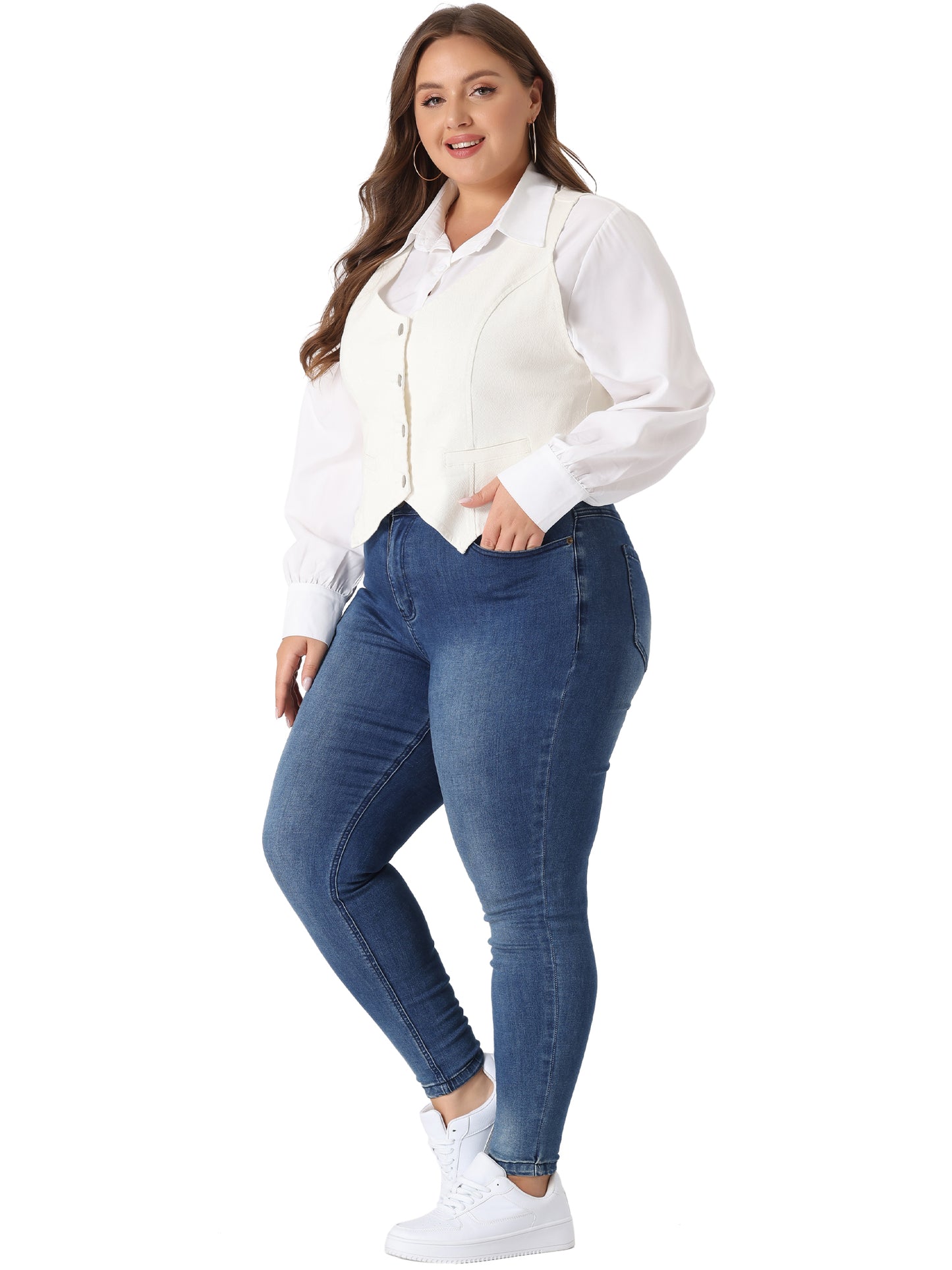 Women Plus Size Denim Vest Jean Top Button Down Waistcoat Casual Sleeveless Jacket