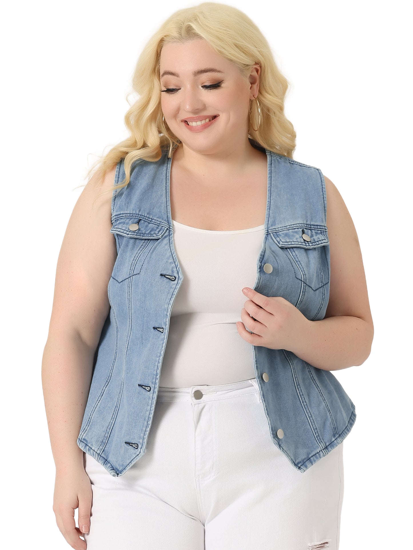 Women Plus Size Denim Jacket V Neck Sleeveless Utility Jean Denim Vest
