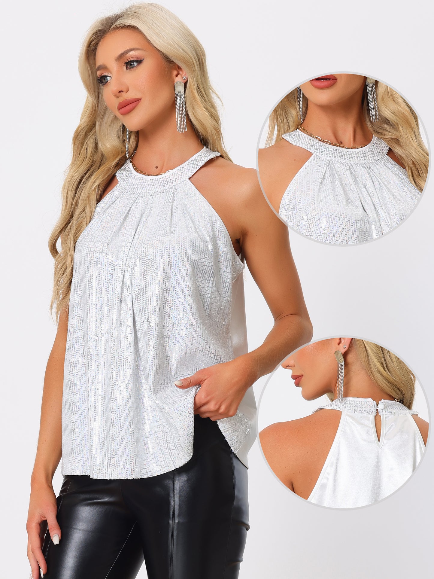 Women's Party Club Cocktail Sleeveless Tops Sparkle Vest Tank Camisole Sequin Halter Top