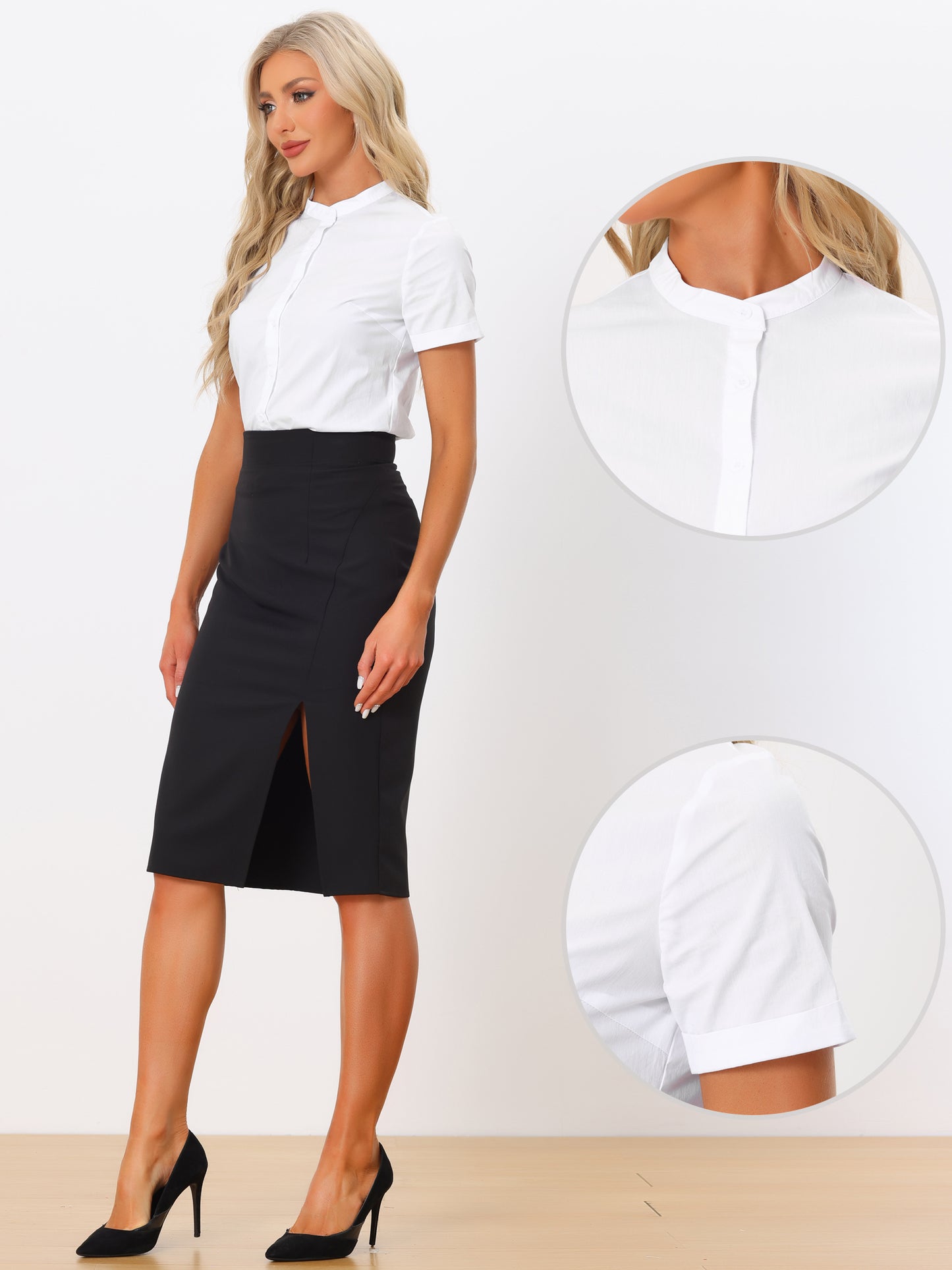 Women's Mock Neck Short Sleeve Button Down Work Shirt Bodysuit Top