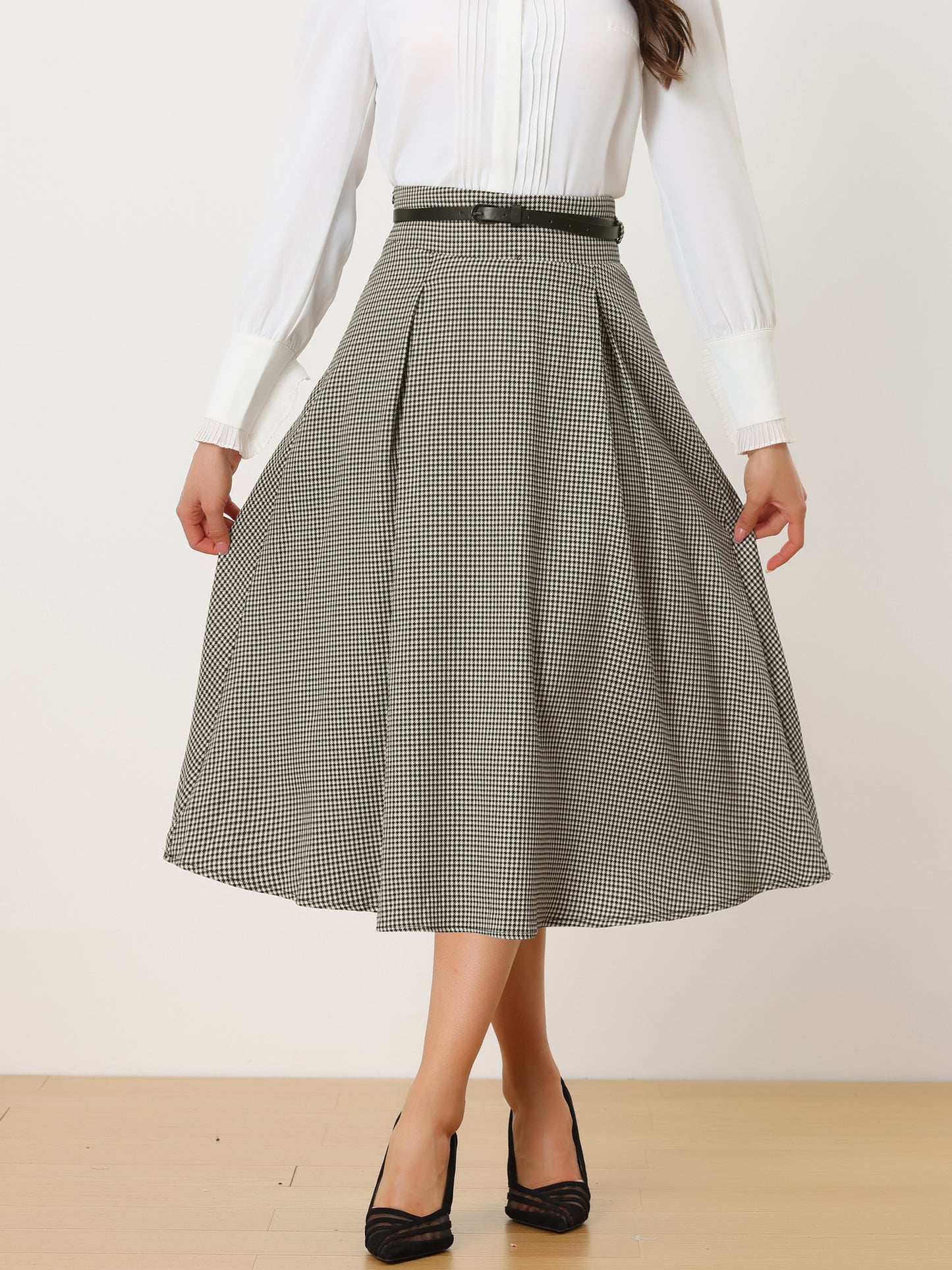 Falda midi de cuadros con cintura alta elástica y cinturón para mujer, estilo vintage, para regreso a casa, invierno y otoño
