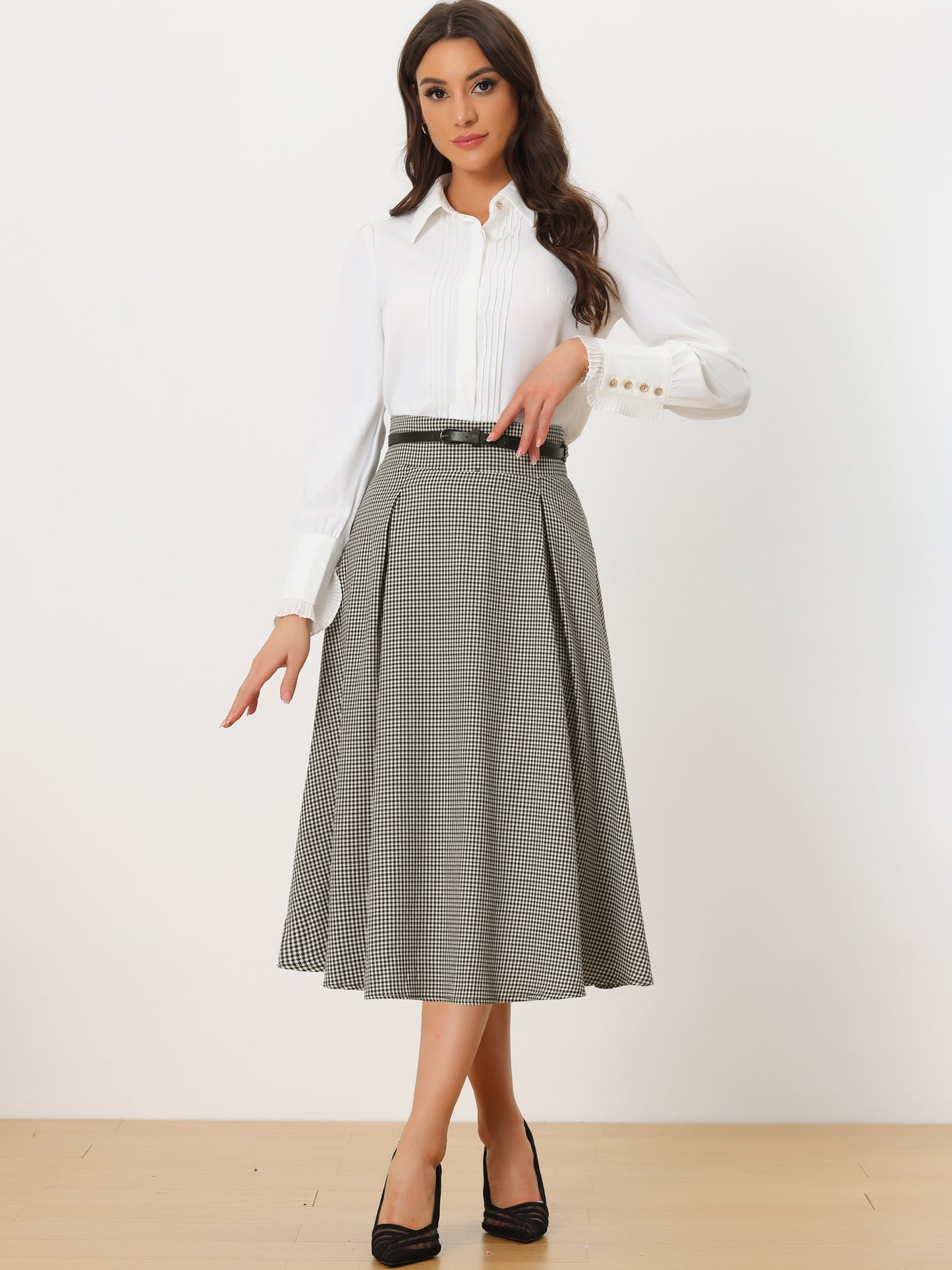 Falda midi de cuadros con cintura alta elástica y cinturón para mujer, estilo vintage, para regreso a casa, invierno y otoño
