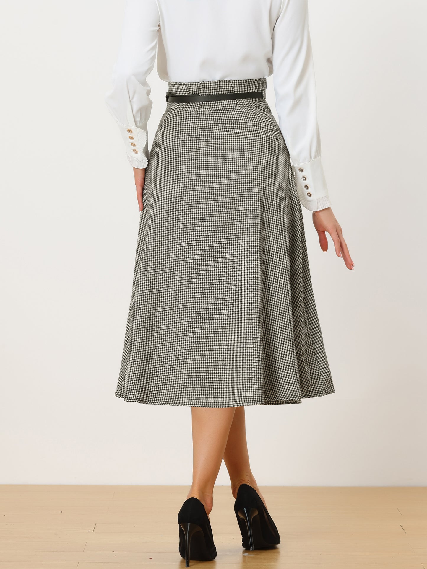 Falda midi de cuadros con cintura alta elástica y cinturón para mujer, estilo vintage, para regreso a casa, invierno y otoño