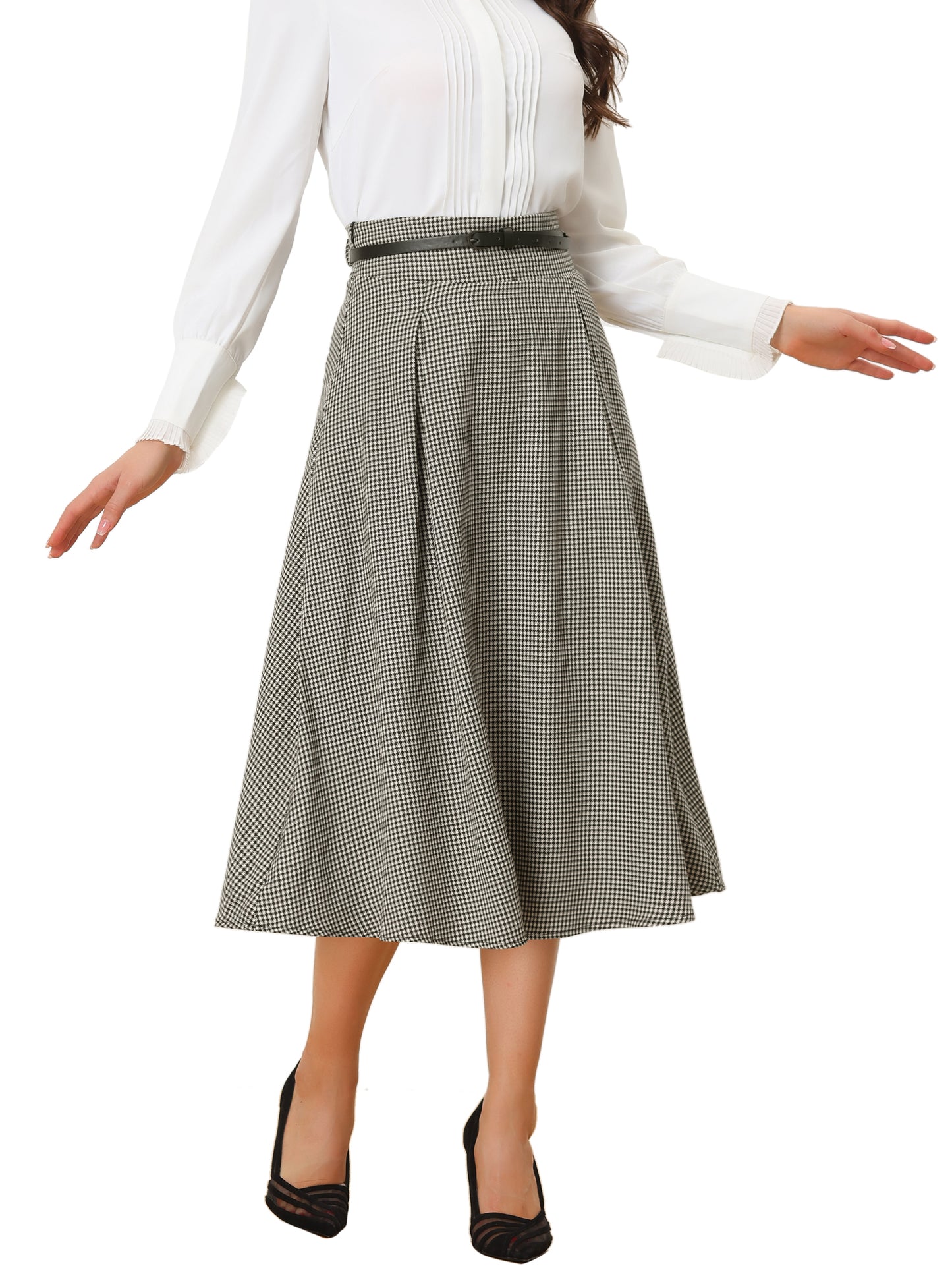 Falda midi de cuadros con cintura alta elástica y cinturón para mujer, estilo vintage, para regreso a casa, invierno y otoño