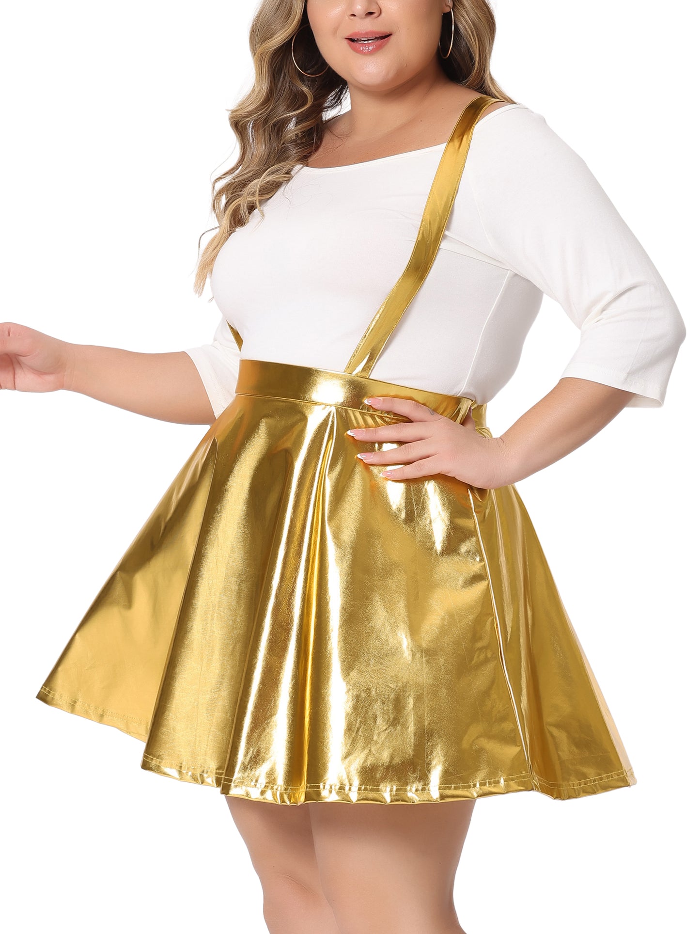 Women Plus Size Shiny Metallic Suspender Skirt High Waisted Holographic Rave Skirt
