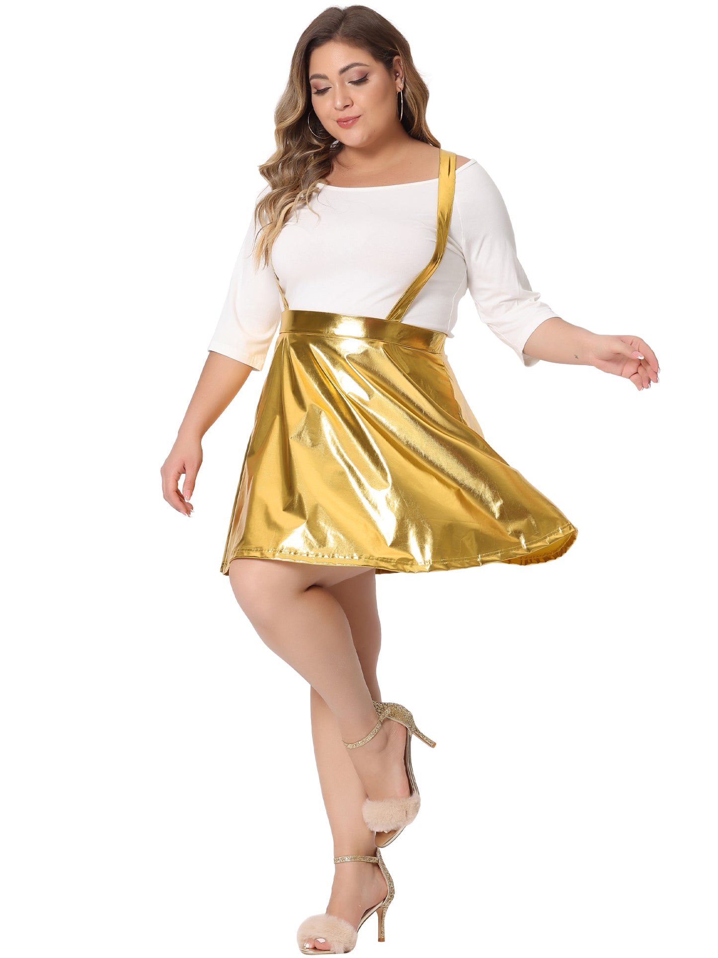 Women Plus Size Shiny Metallic Suspender Skirt High Waisted Holographic Rave Skirt